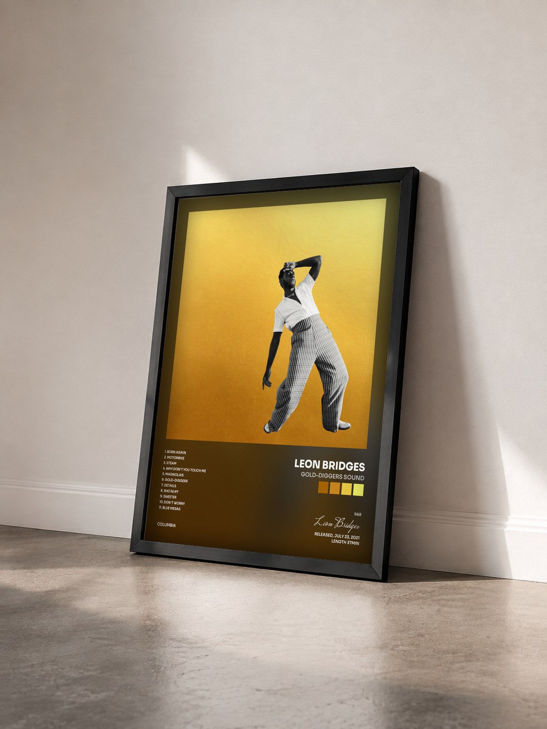#noir Gold-Diggers Sound by Leon Bridges as a framed art print seen at an angle, black frame