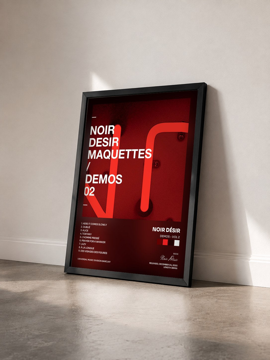 #noir Tableau de l'album Demos - Vol 2 de Noir Désir vu de trois quarts, cadre noir
