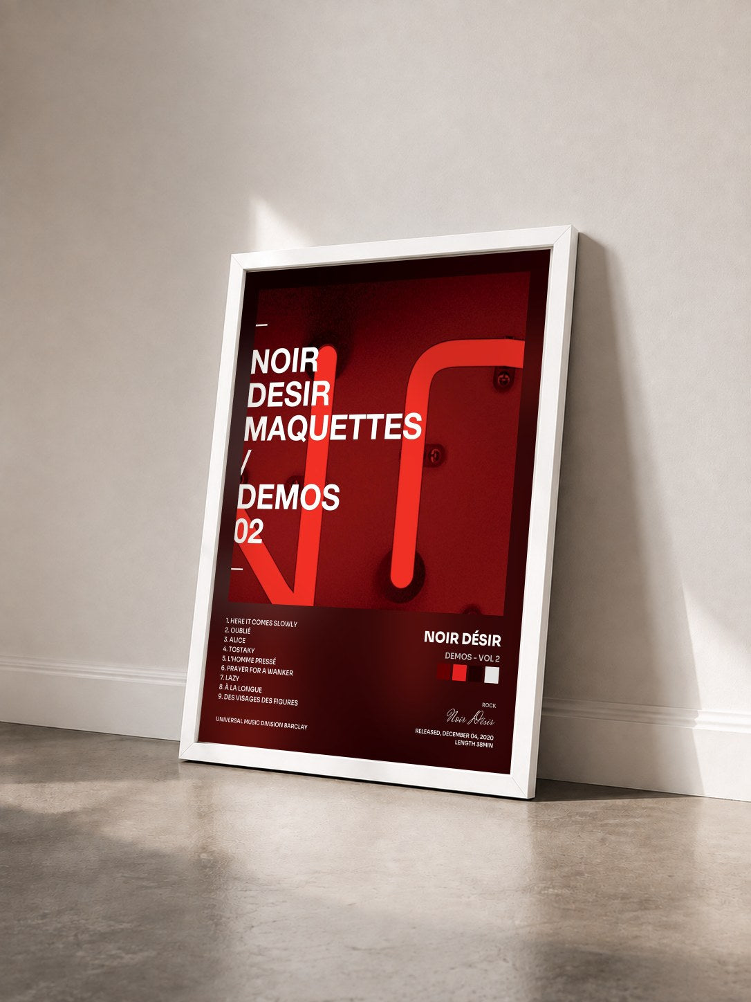 #blanc Tableau de l'album Demos - Vol 2 de Noir Désir vu de trois quarts, cadre blanc