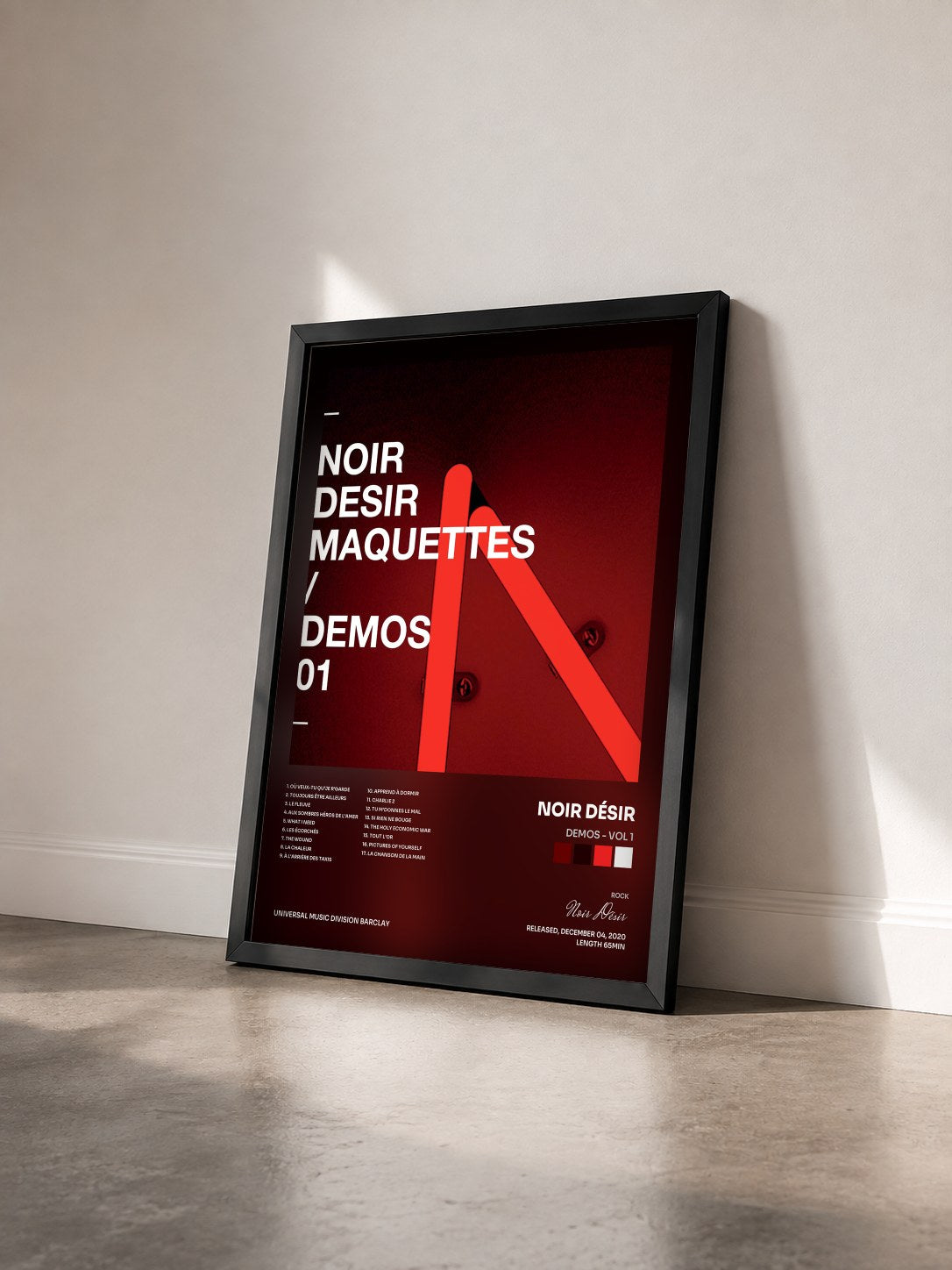 #noir Tableau de l'album Demos - Vol 1 de Noir Désir vu de trois quarts, cadre noir