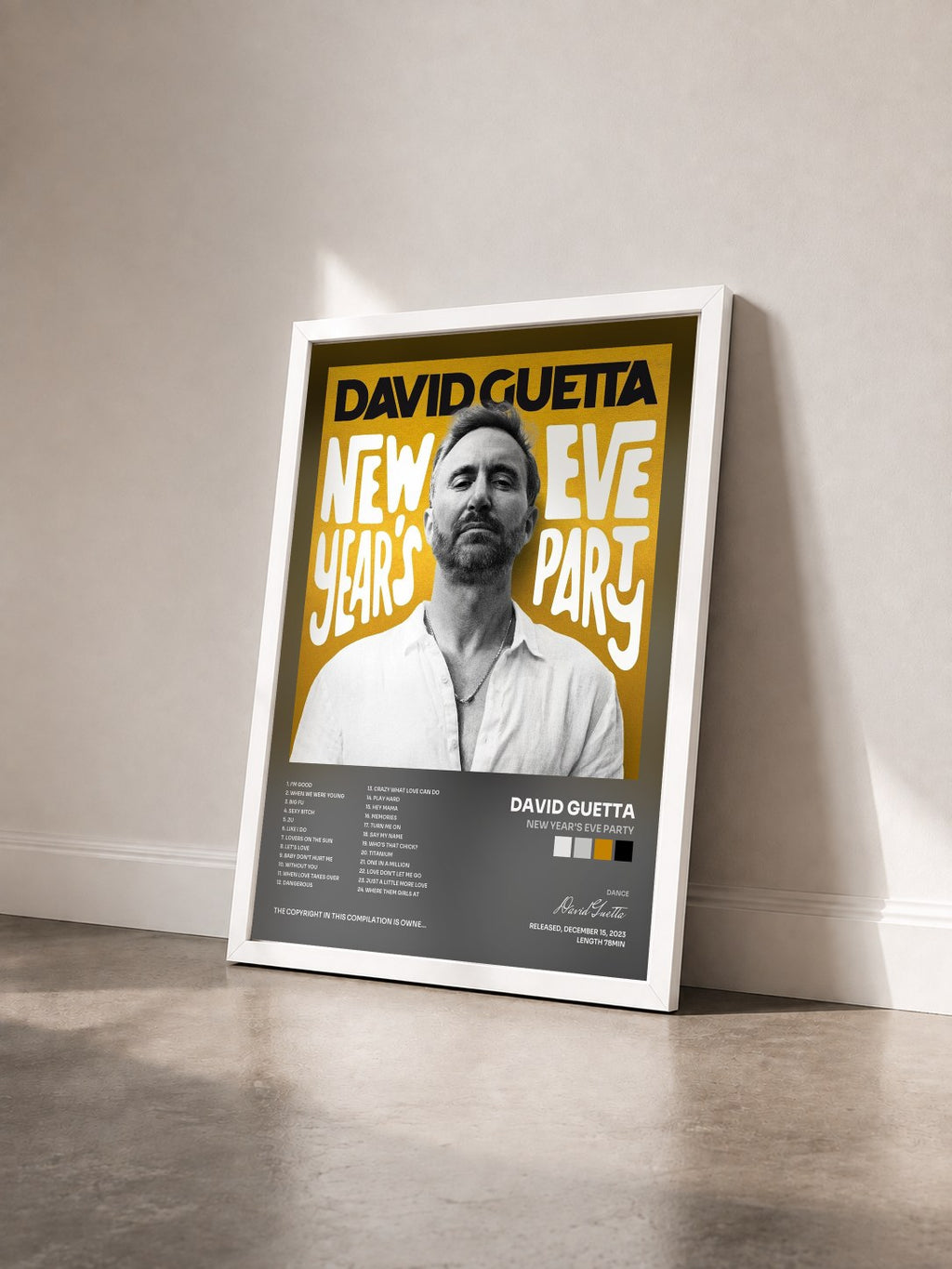 #blanc New Year's Eve Party by David Guetta as a framed art print seen at an angle, white frame