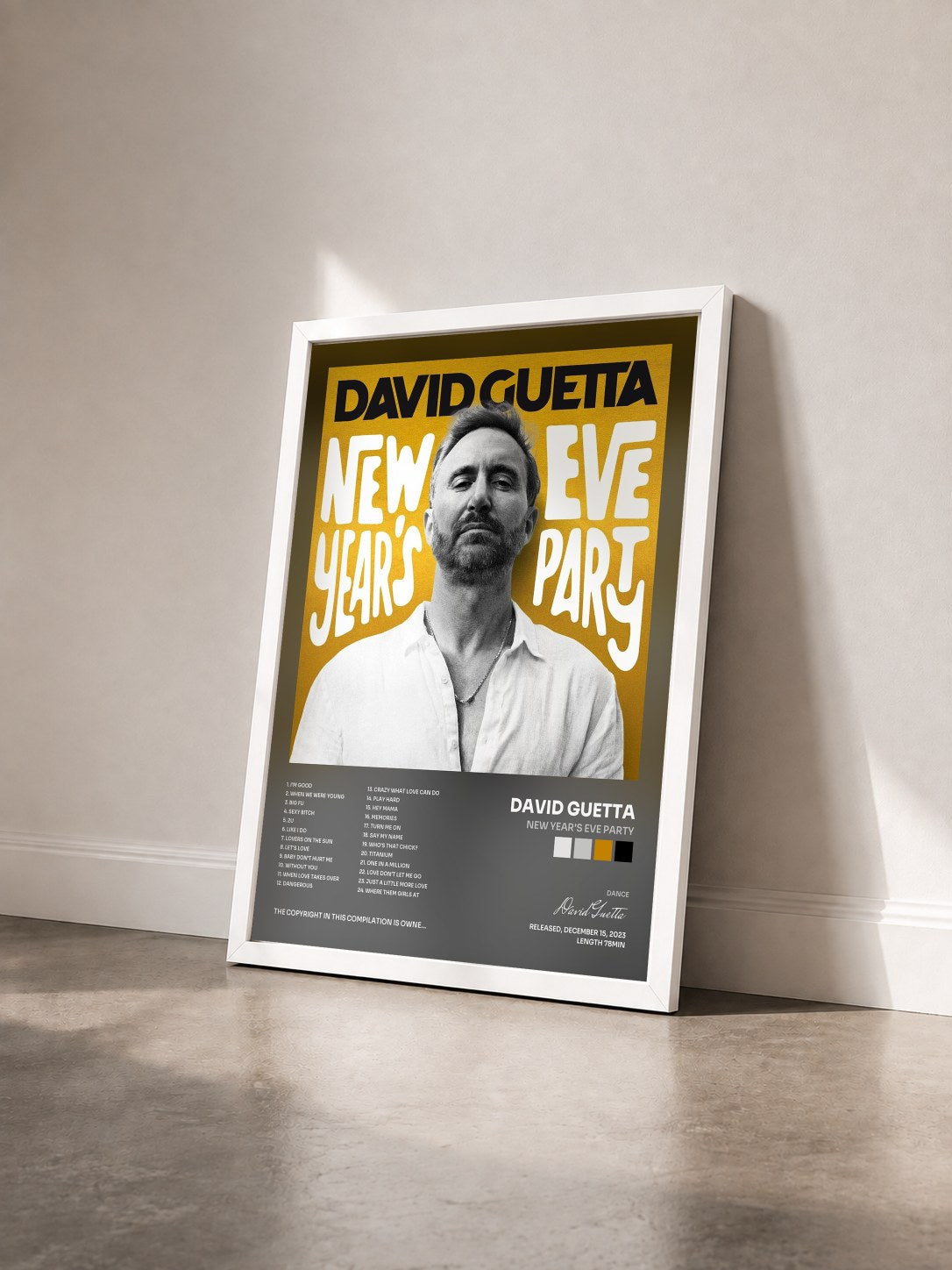 #blanc Tableau de l'album New Year's Eve Party de David Guetta vu de trois quarts, cadre blanc