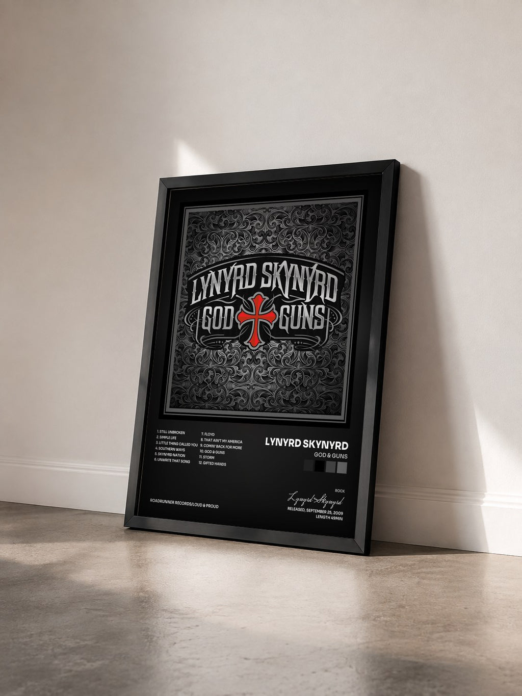 #noir God & Guns de Lynyrd Skynyrd en lámina enmarcada vista de tres cuartos, marco negro