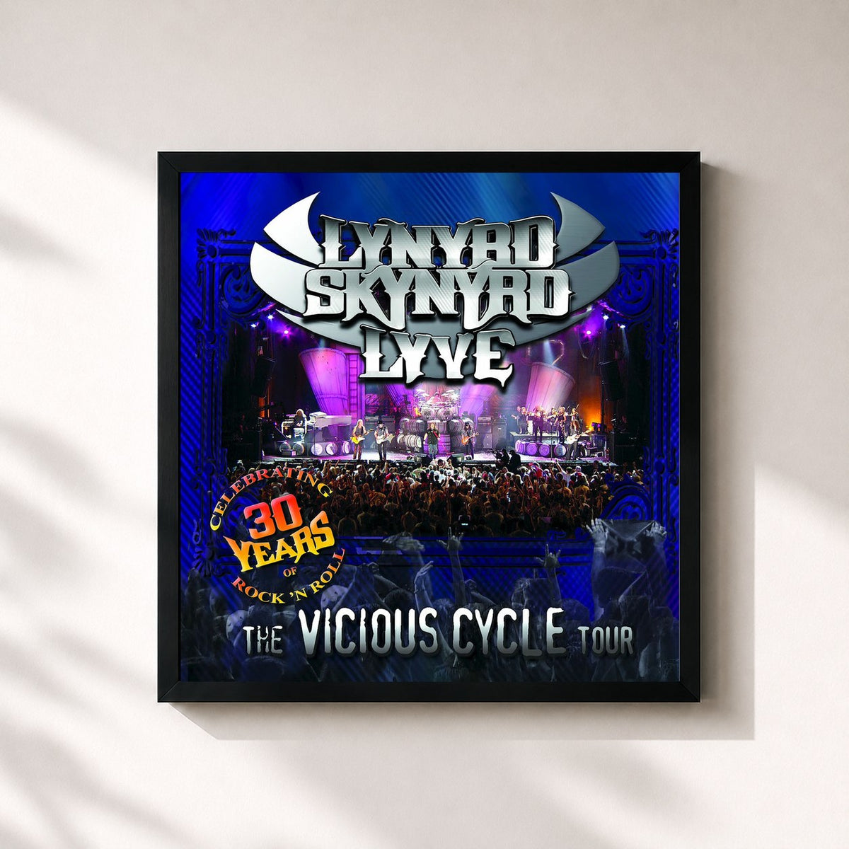 #noir Lynyrd Skynyrd - Lyve de Lynyrd Skynyrd en lámina cuadrada enmarcada, marco negro de 32x32 cm