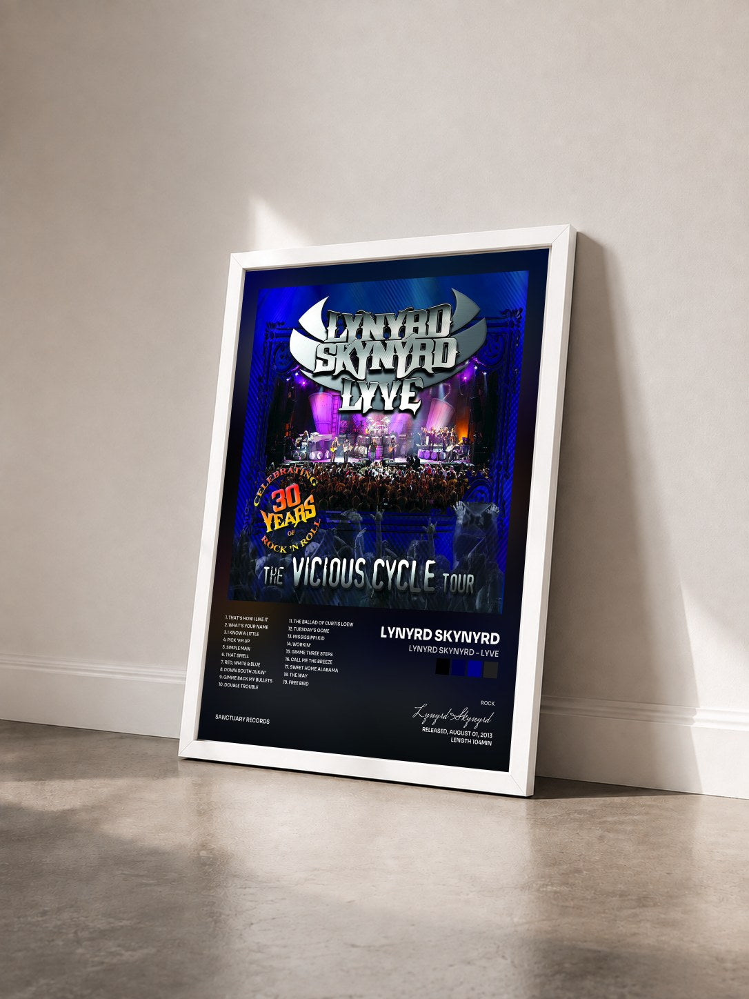#blanc Lynyrd Skynyrd - Lyve de Lynyrd Skynyrd en lámina enmarcada vista de tres cuartos, marco blanco