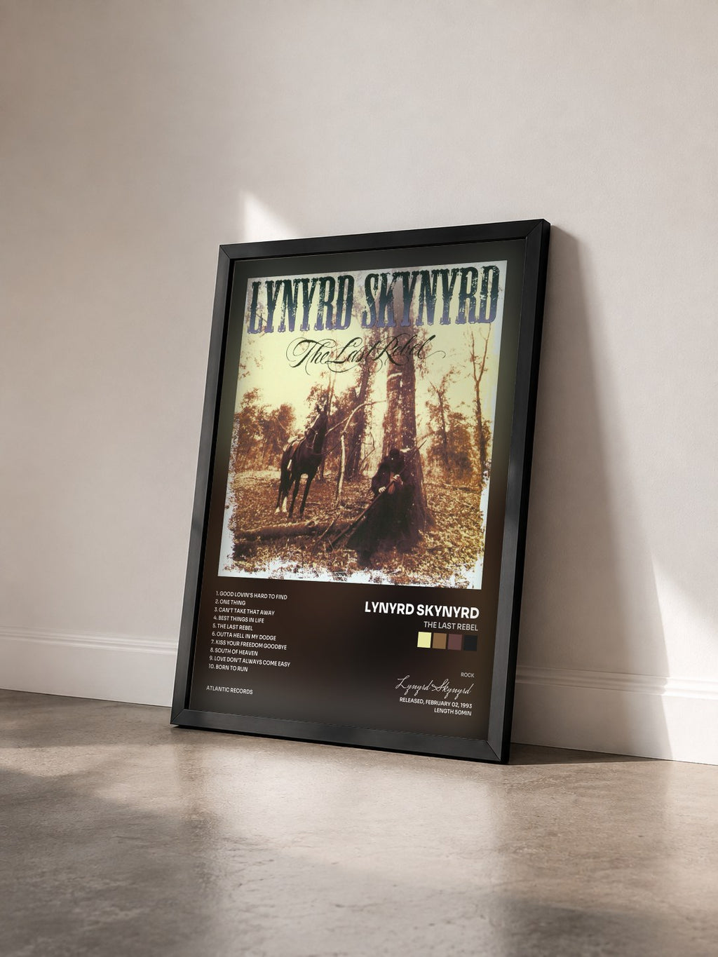 #noir The Last Rebel de Lynyrd Skynyrd en lámina enmarcada vista de tres cuartos, marco negro