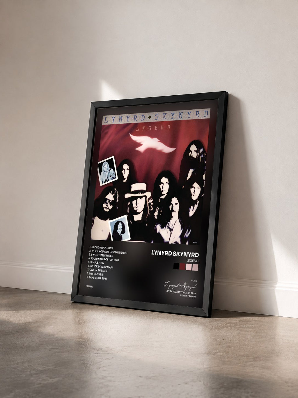 #noir Legend de Lynyrd Skynyrd en lámina enmarcada vista de tres cuartos, marco negro