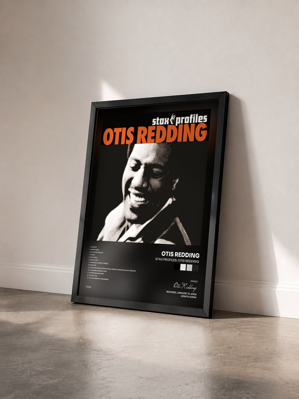 #noir Stax Profiles: Otis Redding di Otis Redding in stampa incorniciata vista di tre quarti, cornice nera