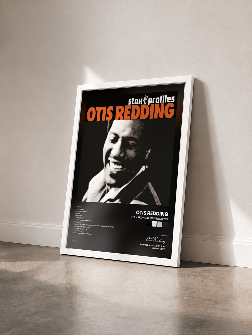 #blanc Stax Profiles: Otis Redding di Otis Redding in stampa incorniciata vista di tre quarti, cornice bianca