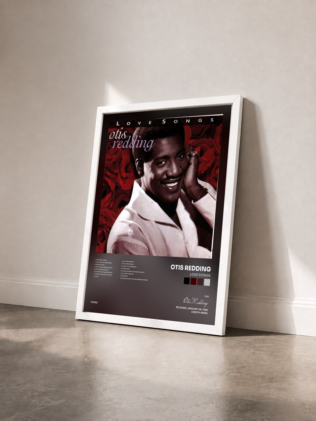 #blanc Tableau de l'album Love Songs de Otis Redding vu de trois quarts, cadre blanc
