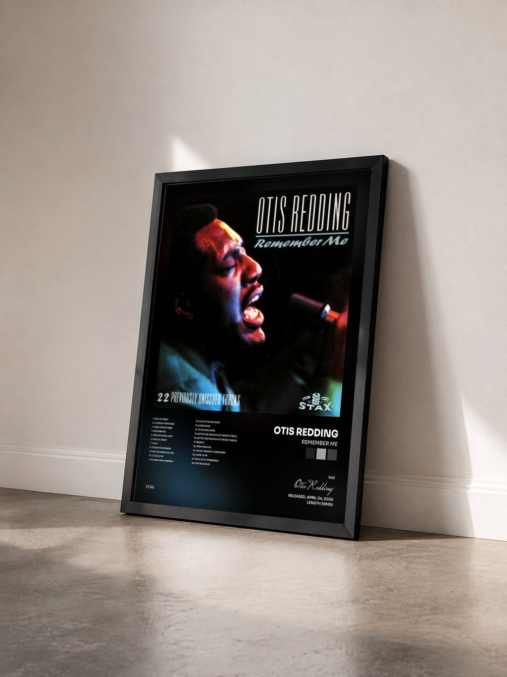 #noir Tableau de l'album Remember Me de Otis Redding vu de trois quarts, cadre noir