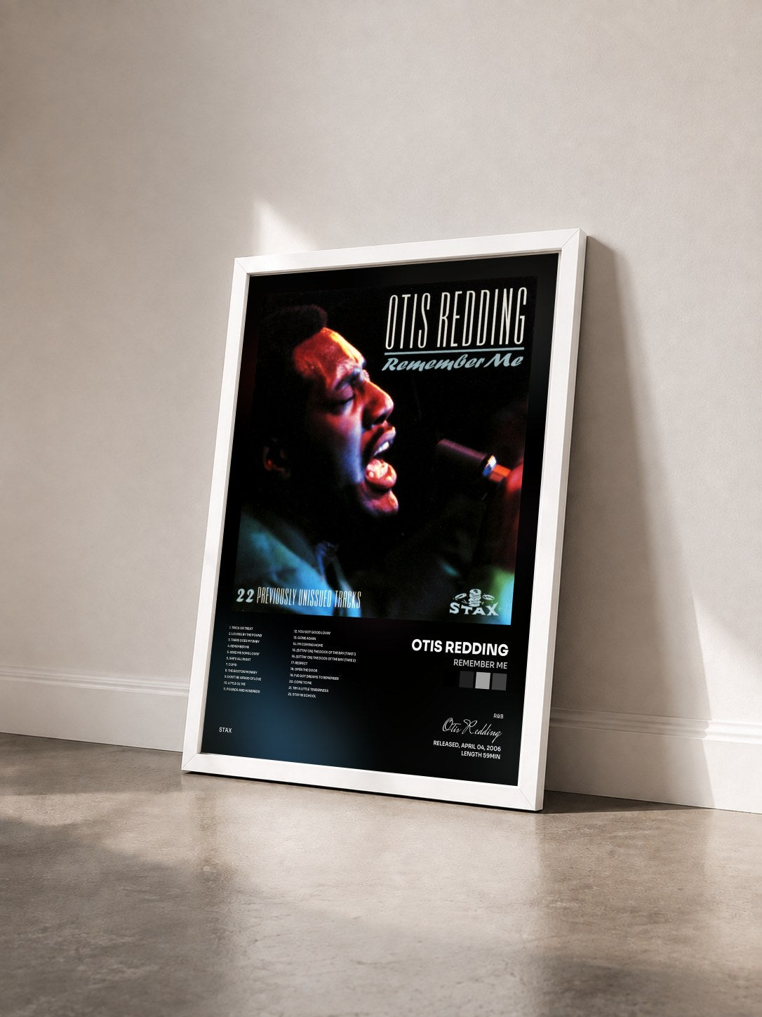 #blanc Tableau de l'album Remember Me de Otis Redding vu de trois quarts, cadre blanc