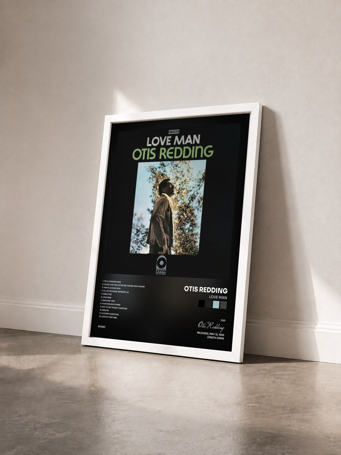 #blanc Tableau de l'album Love Man de Otis Redding vu de trois quarts, cadre blanc