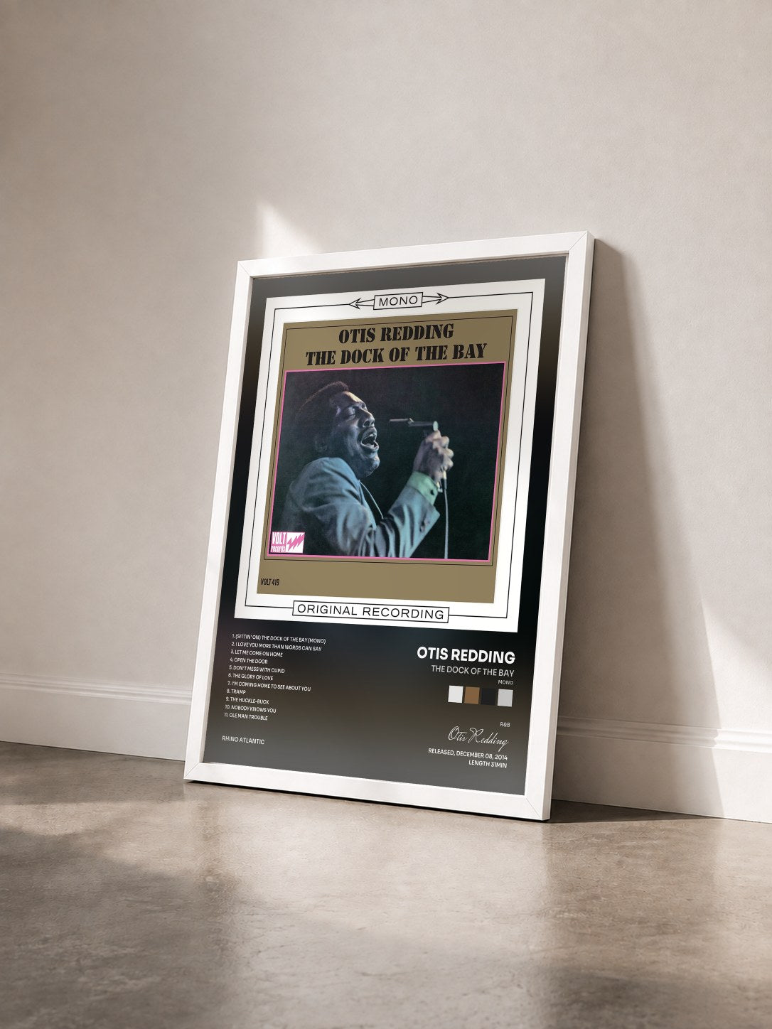 #blanc Tableau de l'album The Dock of the Bay (Mono) de Otis Redding vu de trois quarts, cadre blanc