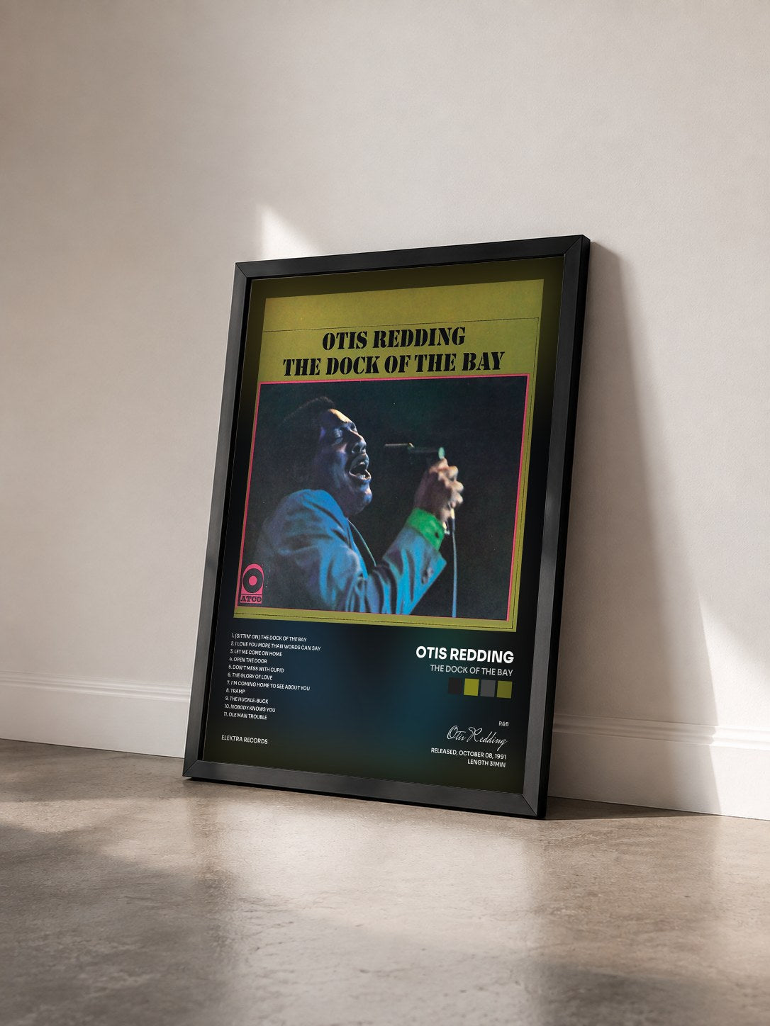 #noir Tableau de l'album The Dock of the Bay de Otis Redding vu de trois quarts, cadre noir