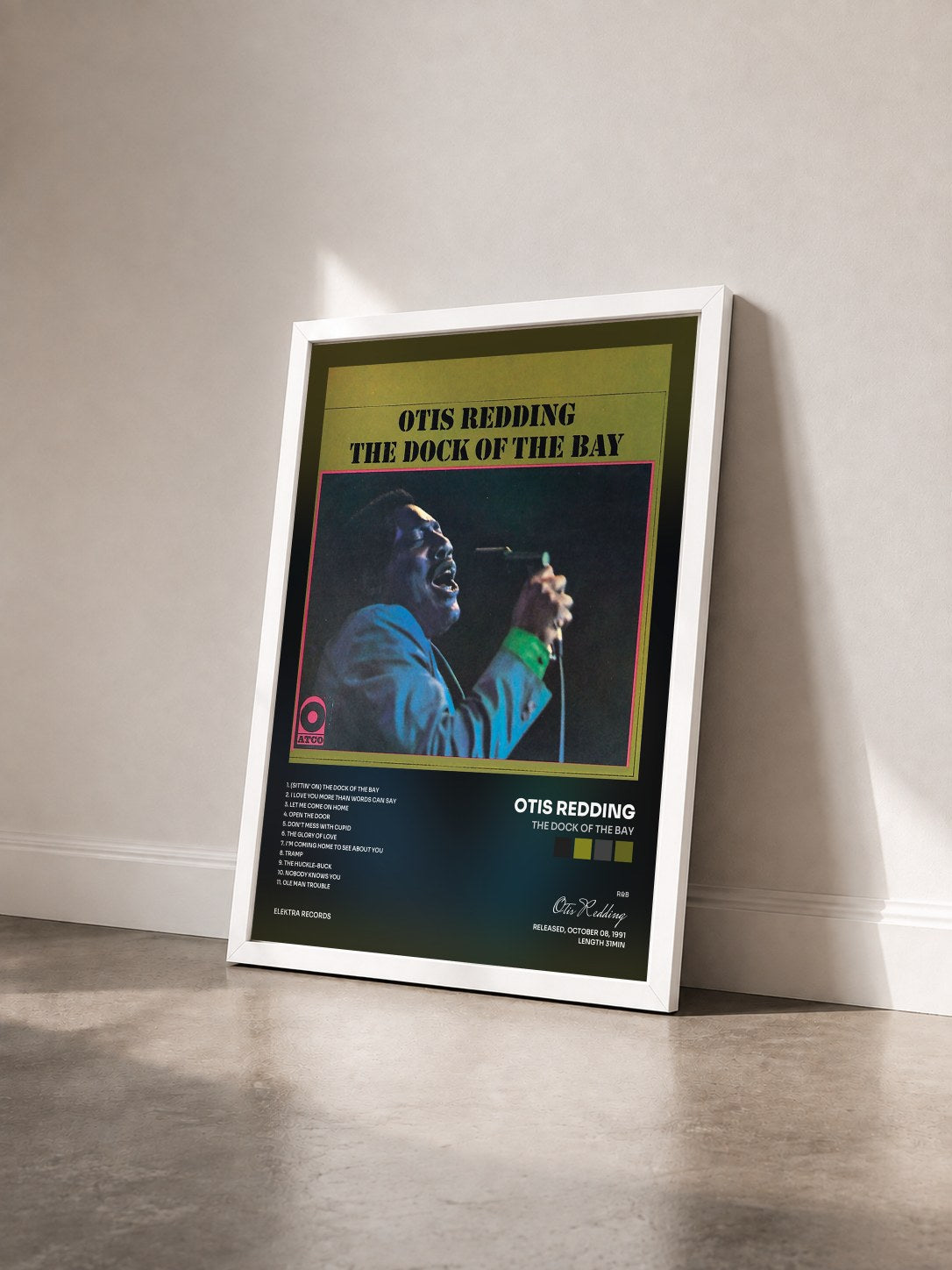 #blanc Tableau de l'album The Dock of the Bay de Otis Redding vu de trois quarts, cadre blanc