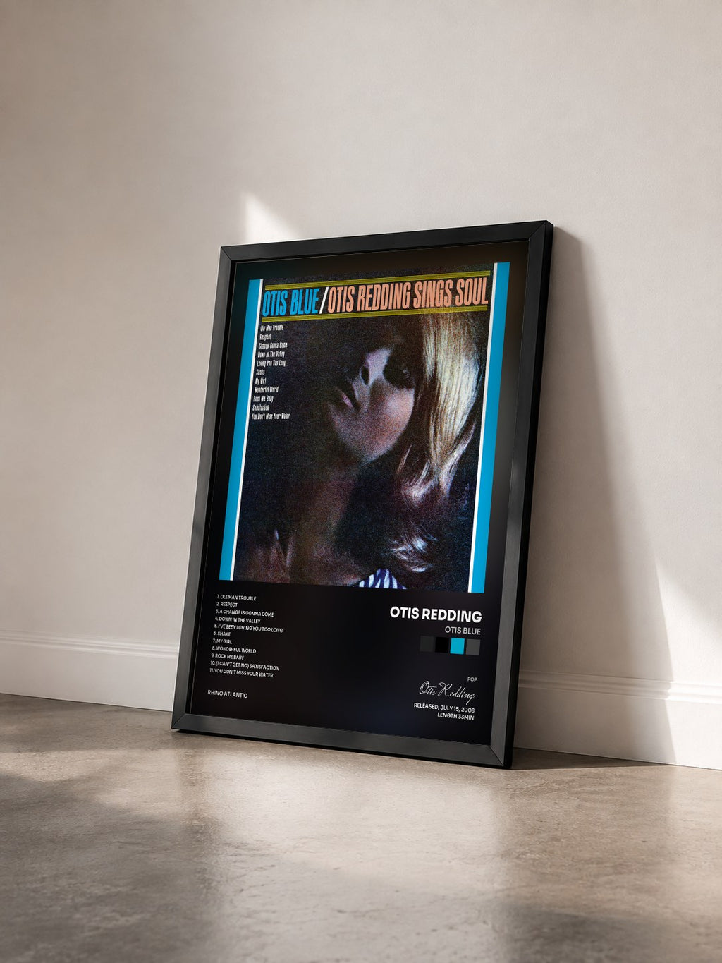 #noir Tableau de l'album Otis Blue de Otis Redding vu de trois quarts, cadre noir
