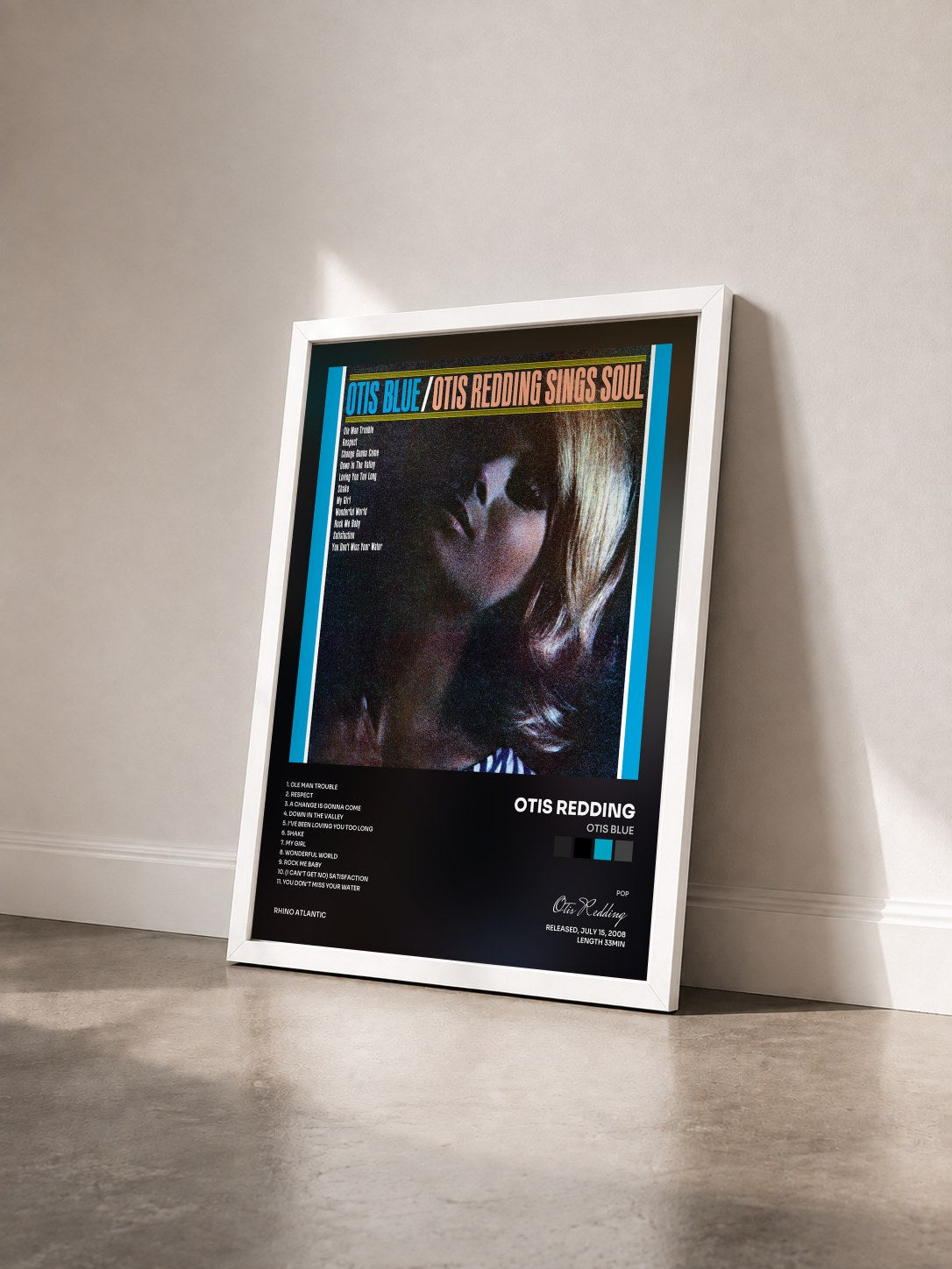 #blanc Tableau de l'album Otis Blue de Otis Redding vu de trois quarts, cadre blanc