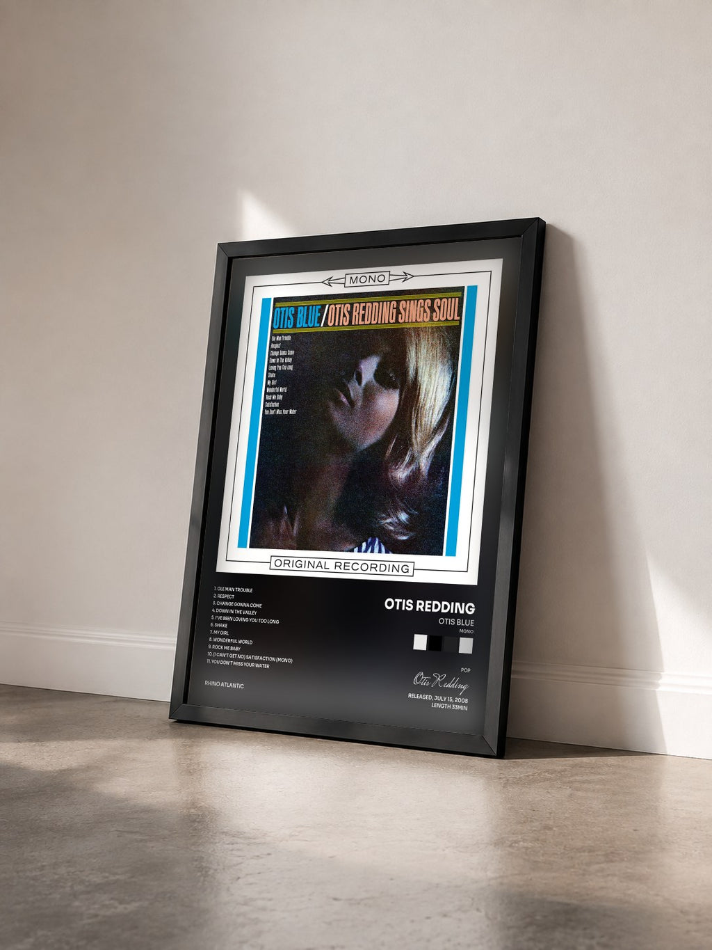 #noir Otis Blue (Mono) di Otis Redding in stampa incorniciata vista di tre quarti, cornice nera