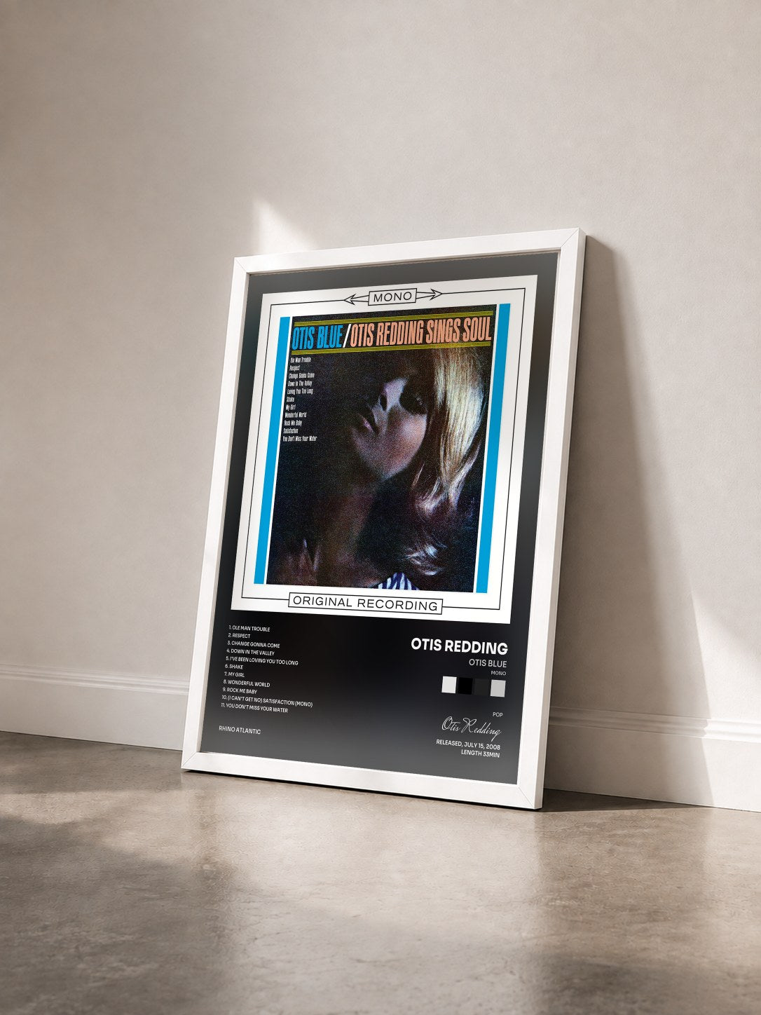 #blanc Tableau de l'album Otis Blue (Mono) de Otis Redding vu de trois quarts, cadre blanc
