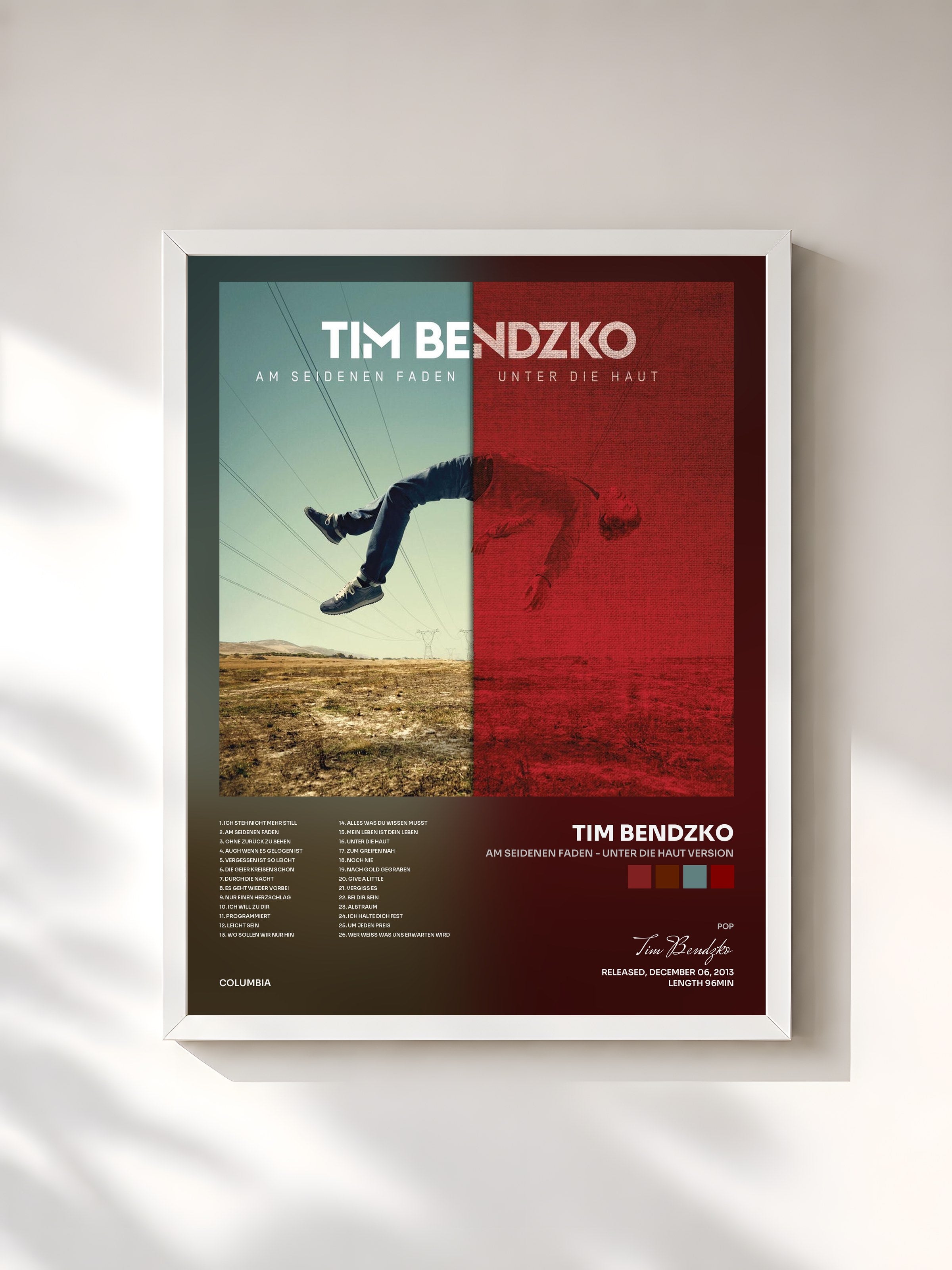#blanc Tableau de l'album Am seidenen Faden - Unter die Haut Version de Tim Bendzko, cadre blanc, imprimé et encadré en France