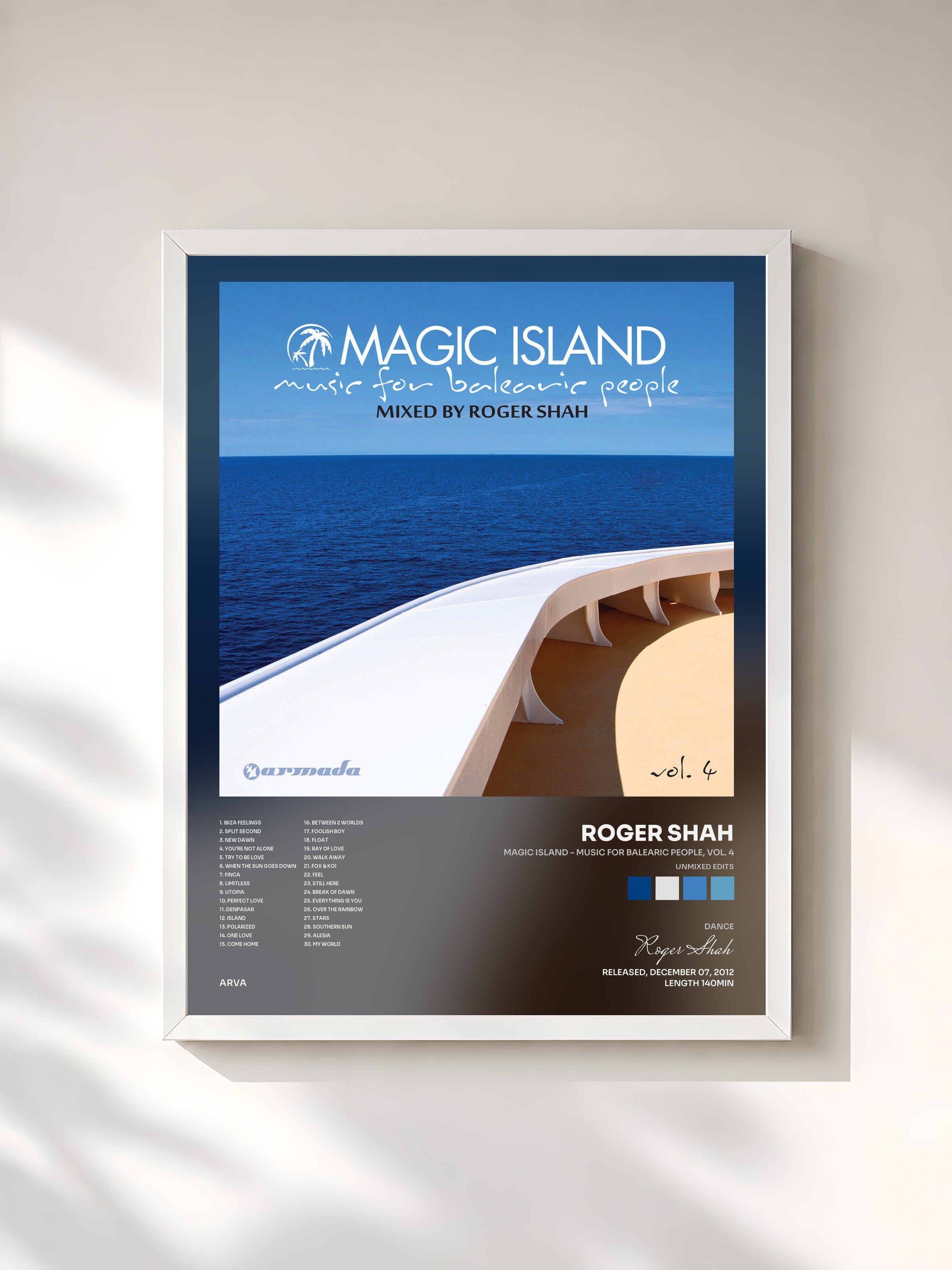 #blanc Tableau de l'album Magic Island - Music For Balearic People, Vol. 4 (Unmixed Edits) de Roger Shah, cadre blanc, imprimé et encadré en France