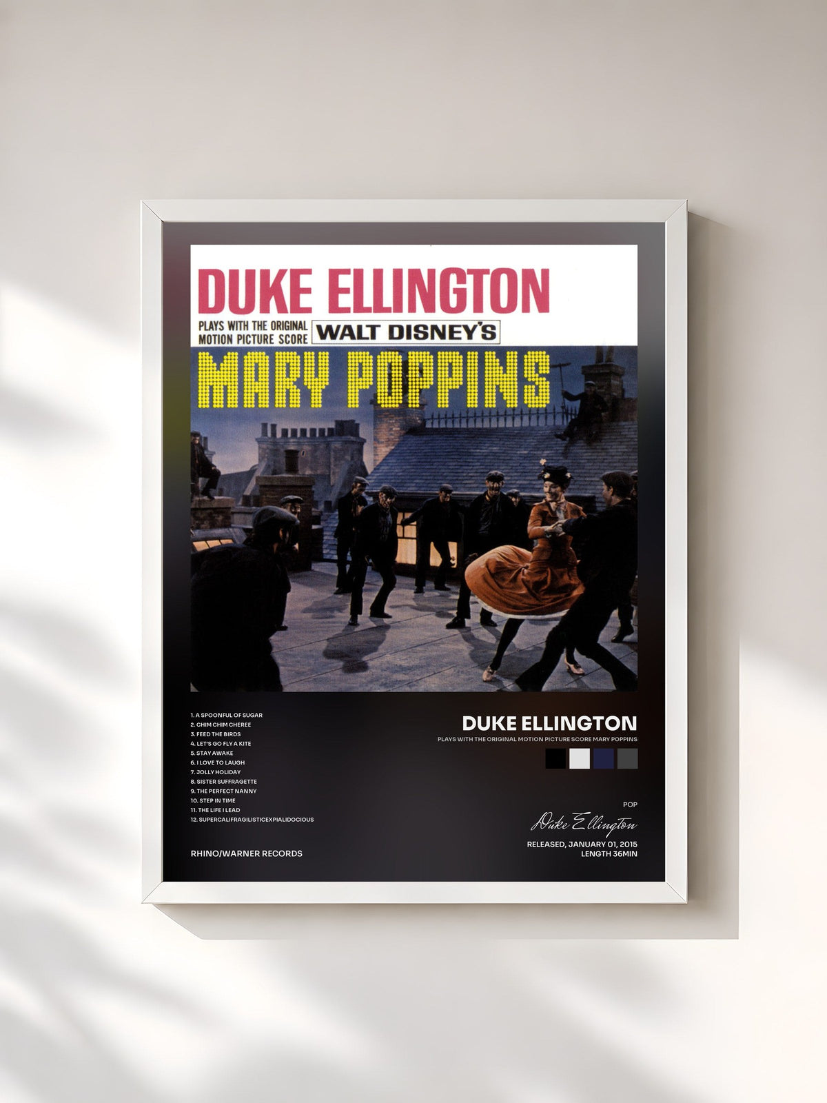 #blanc Tableau de l'album Plays With The Original Motion Picture Score Mary Poppins de Duke Ellington, cadre blanc, imprimé et encadré en France