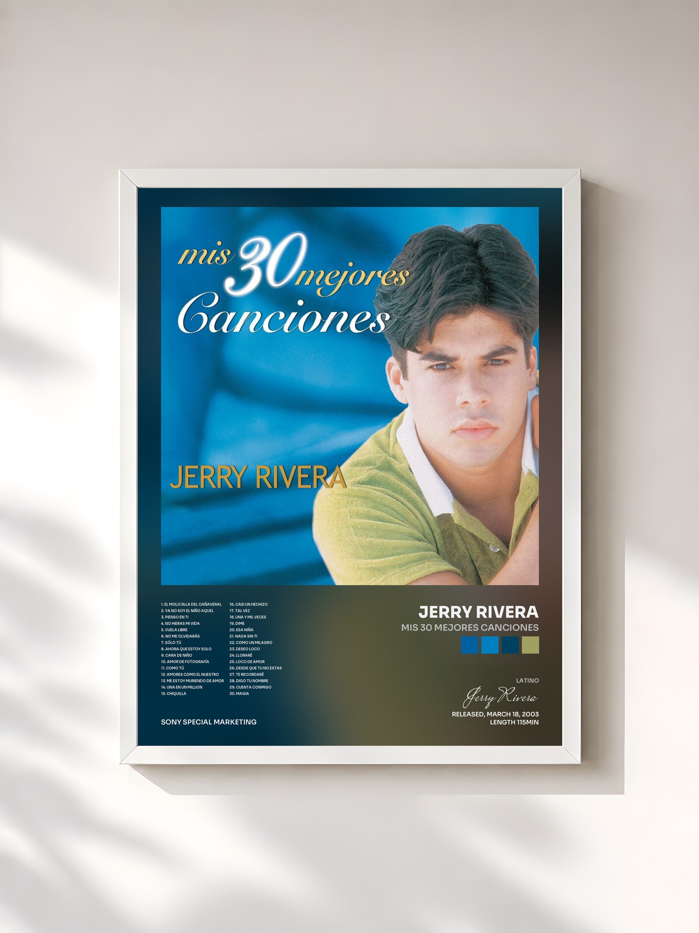 #blanc Tableau de l'album Mis 30 Mejores Canciones de Jerry Rivera, cadre blanc, imprimé et encadré en France