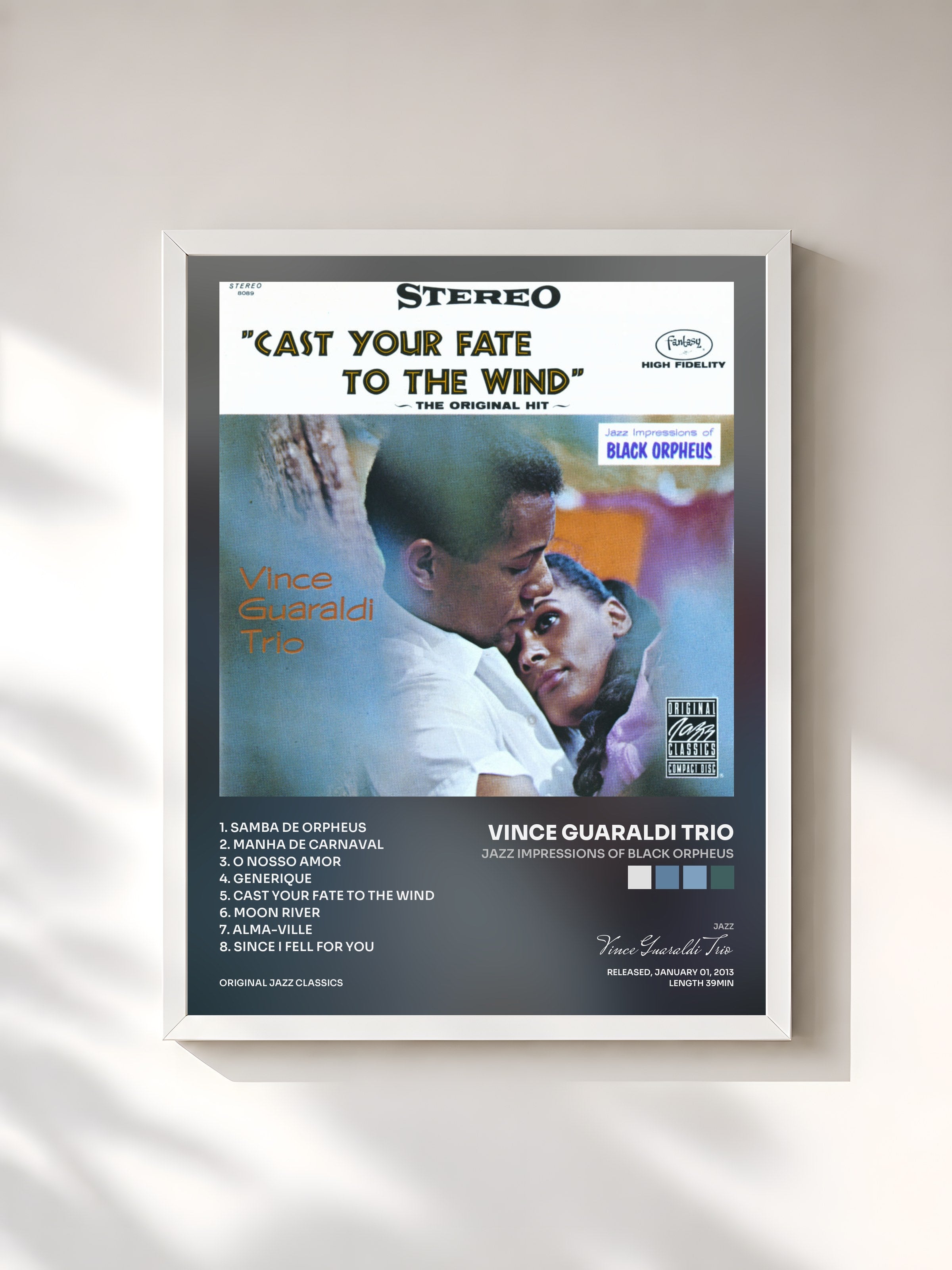 #blanc Tableau de l'album Jazz Impressions Of Black Orpheus de Vince Guaraldi Trio, cadre blanc, imprimé et encadré en France