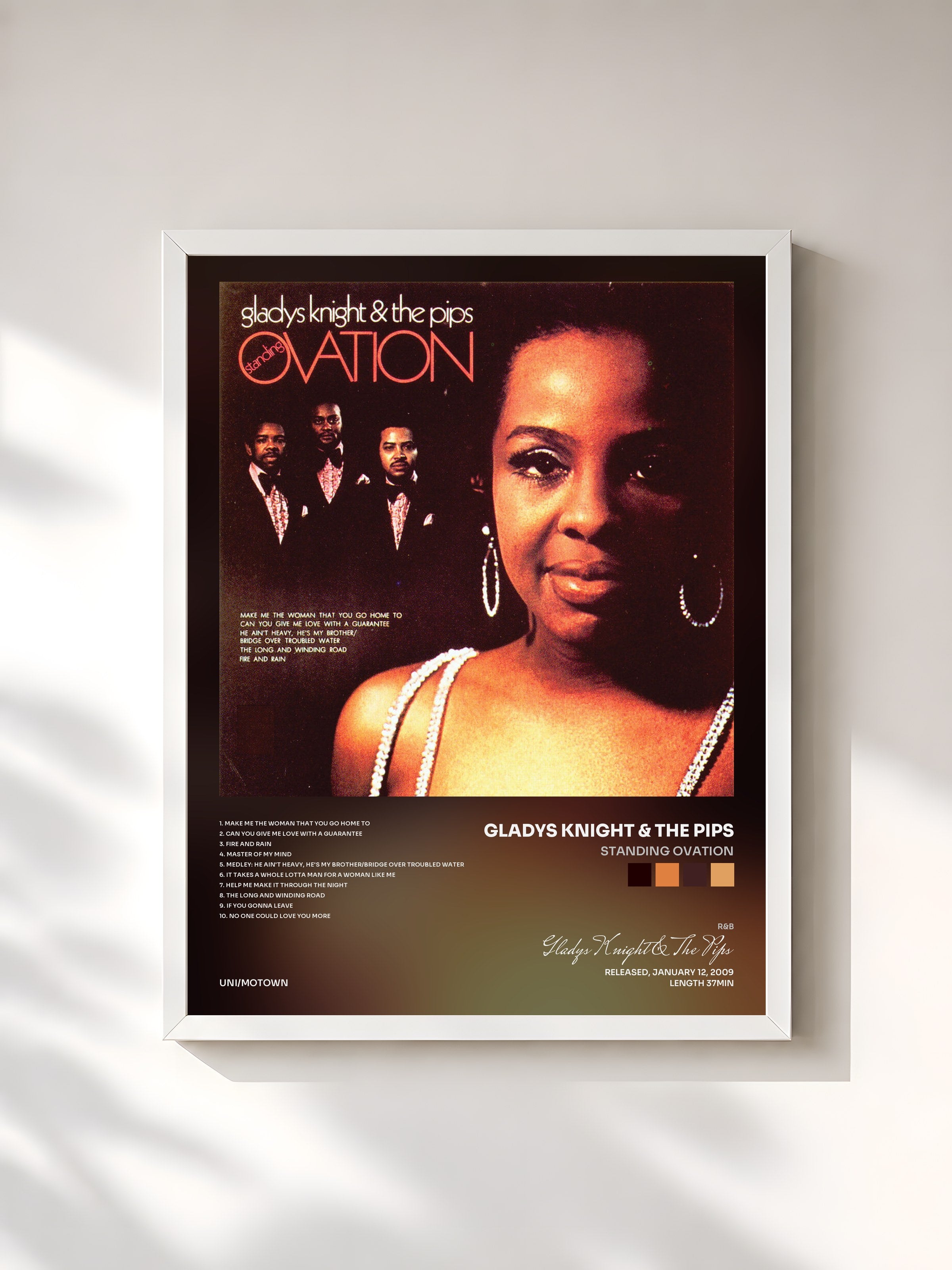 #blanc Tableau de l'album Standing Ovation de Gladys Knight & The Pips, cadre blanc, imprimé et encadré en France