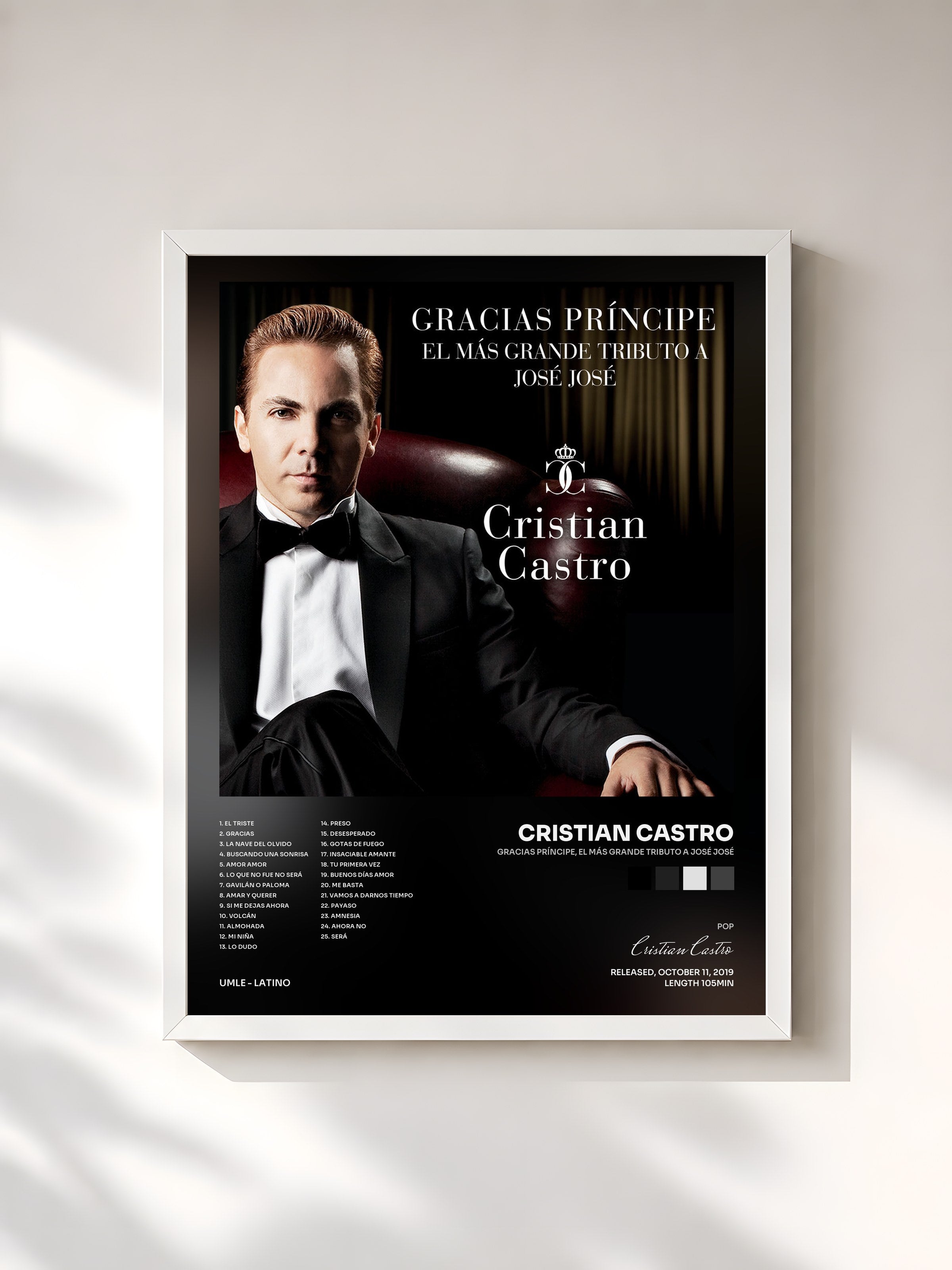 #blanc Tableau de l'album Gracias Príncipe, El Más Grande Tributo A José José de Cristian Castro, cadre blanc, imprimé et encadré en France