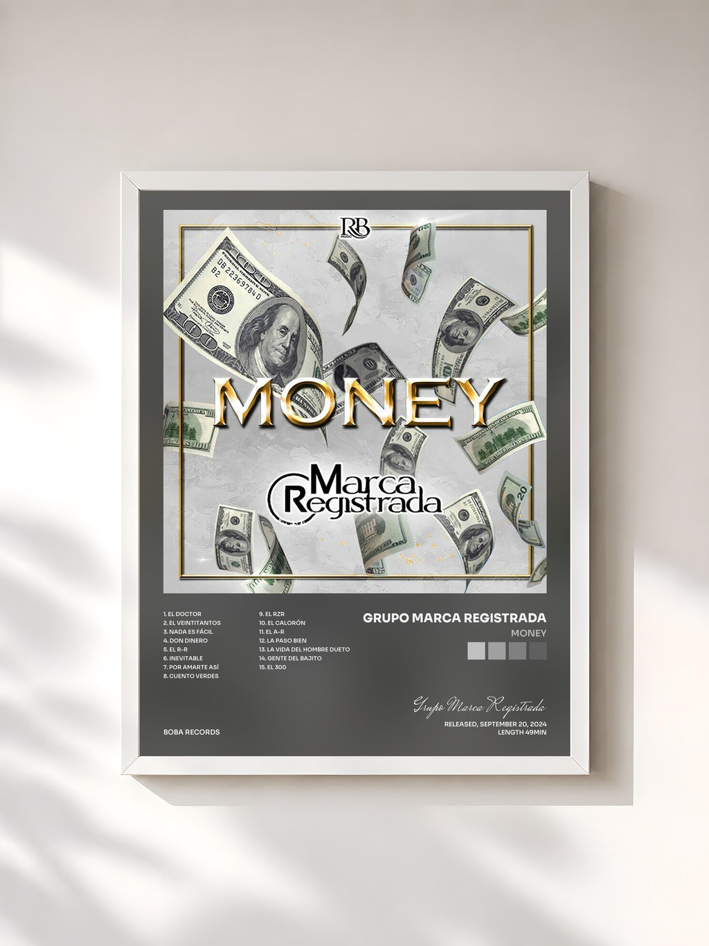#blanc Tableau de l'album Money de Grupo Marca Registrada, cadre blanc, imprimé et encadré en France
