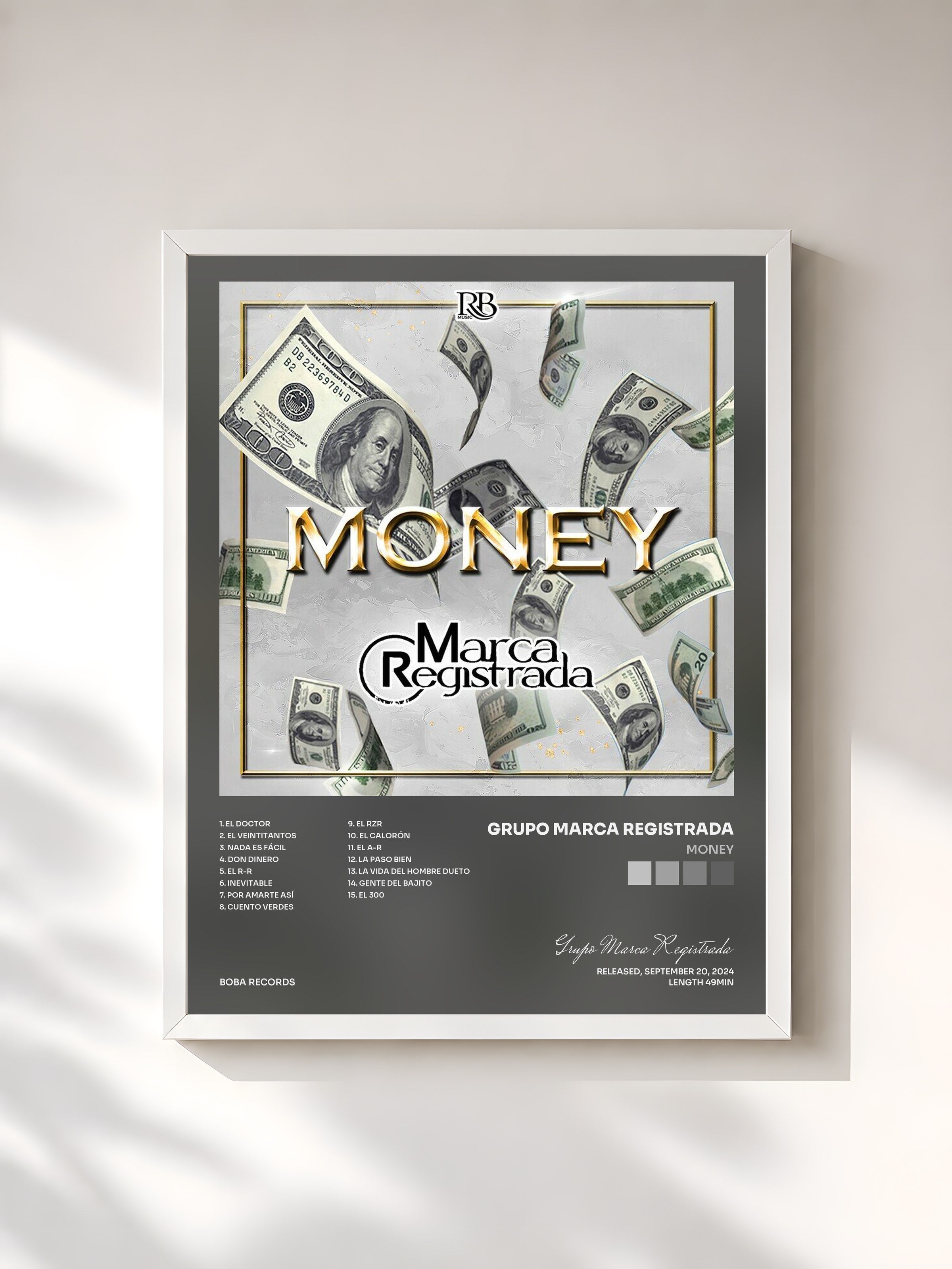 #blanc Tableau de l'album Money de Grupo Marca Registrada, cadre blanc, imprimé et encadré en France