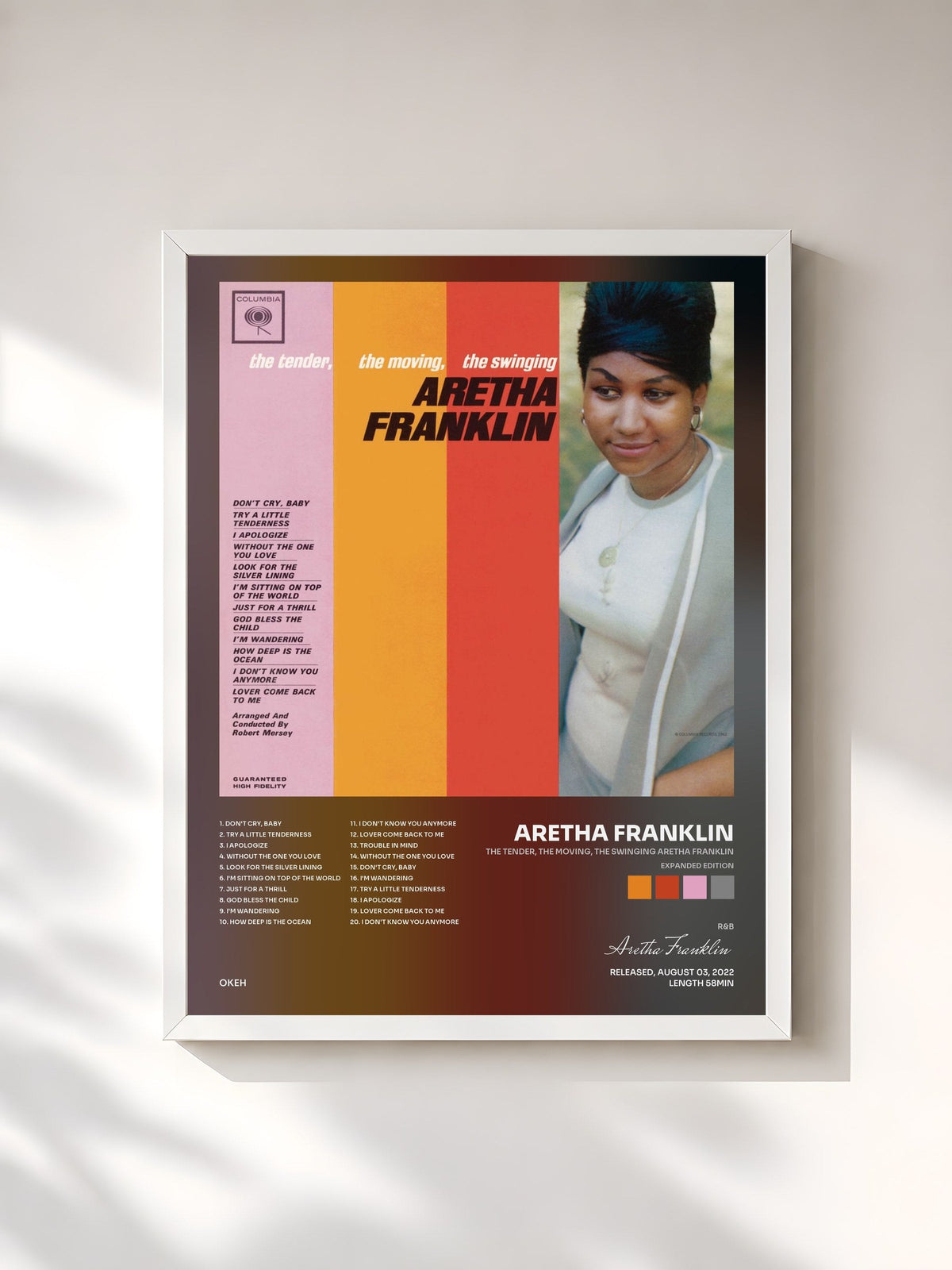 #blanc Tableau de l'album The Tender, The Moving, The Swinging Aretha Franklin (Expanded Edition) de Aretha Franklin, cadre blanc, imprimé et encadré en France