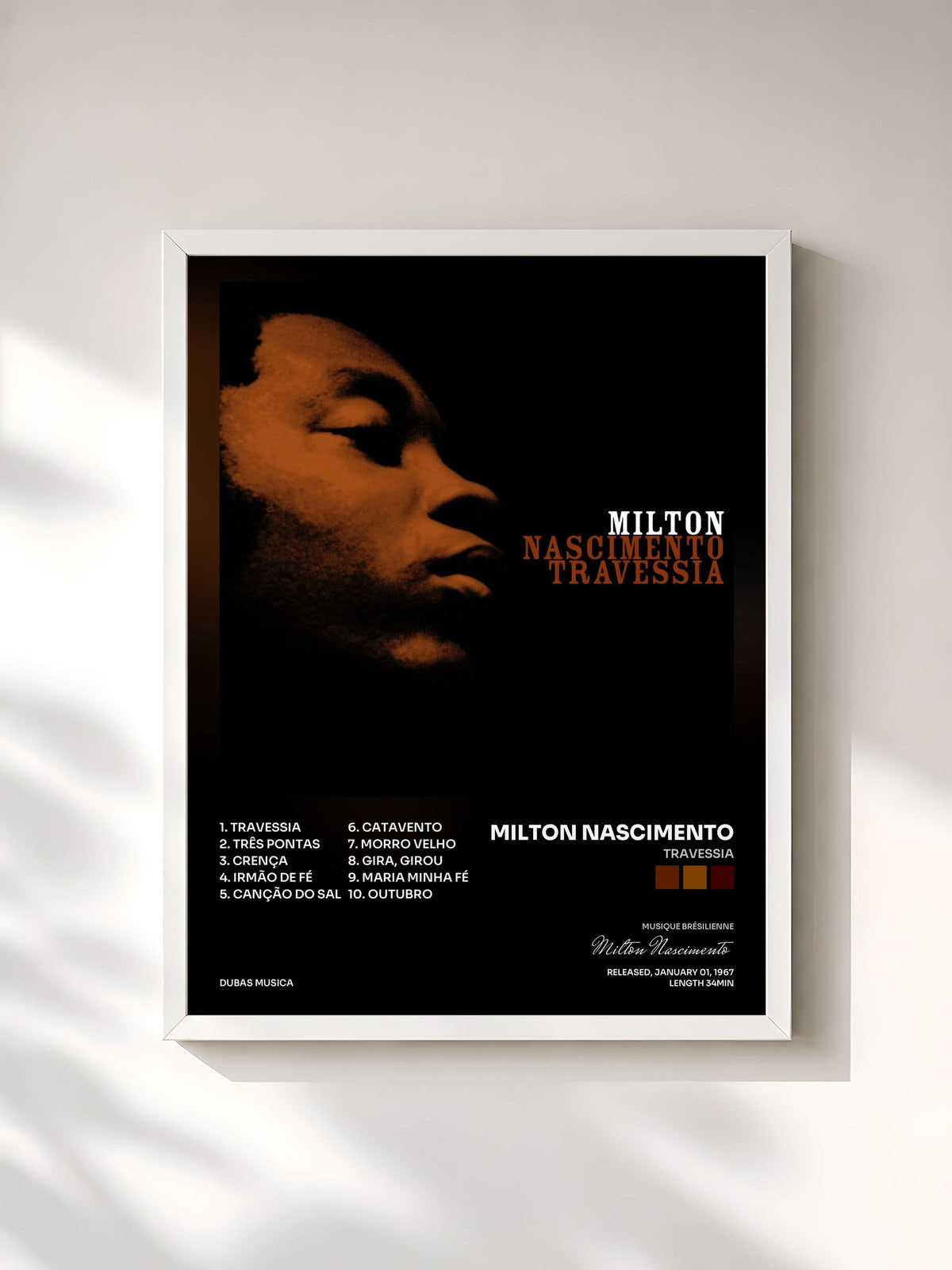#blanc Tableau de l'album Travessia de Milton Nascimento, cadre blanc, imprimé et encadré en France