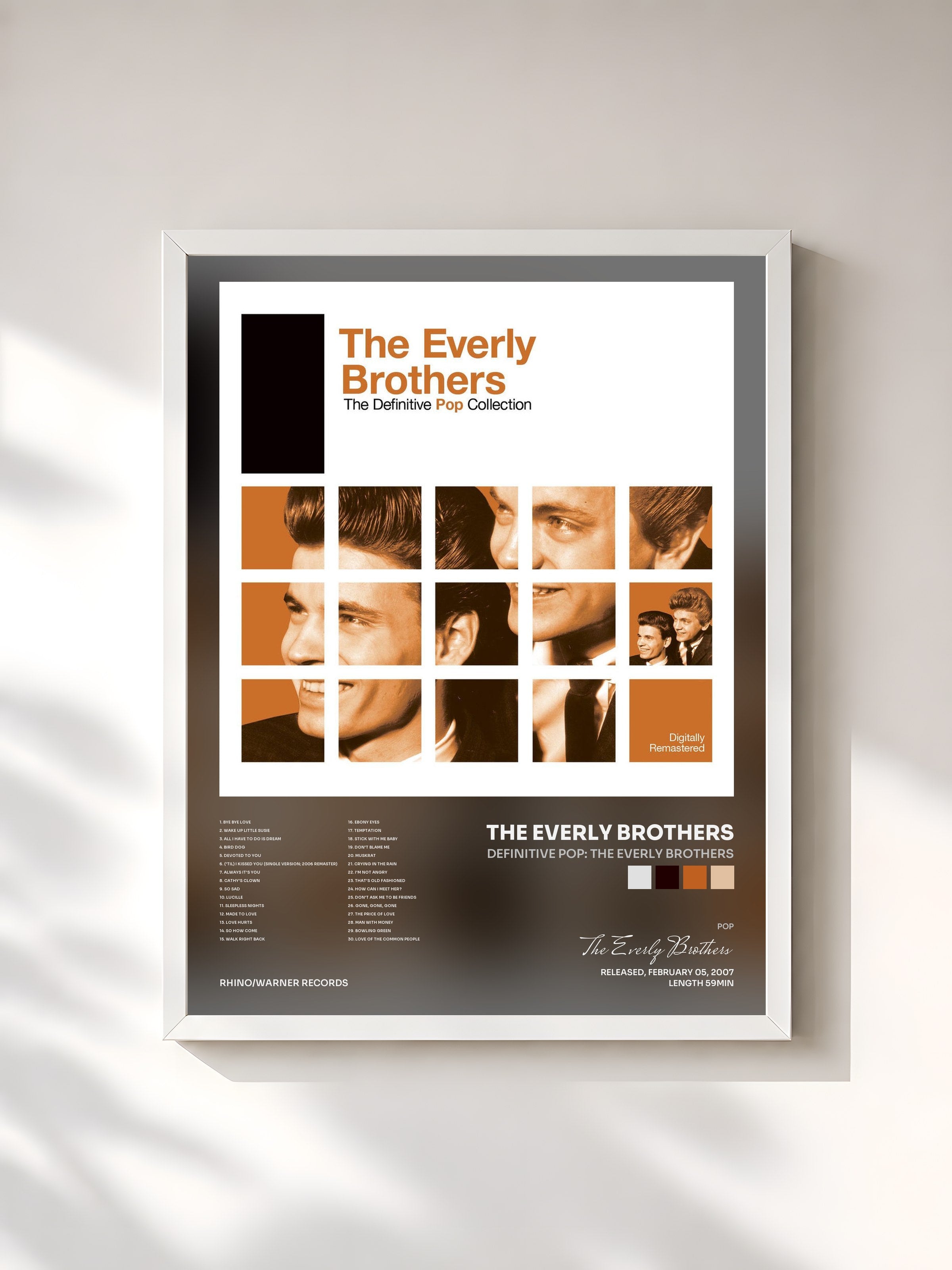 #blanc Tableau de l'album Definitive Pop: The Everly Brothers de The Everly Brothers, cadre blanc, imprimé et encadré en France