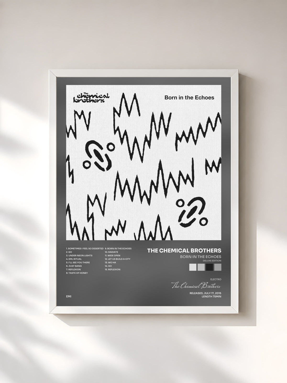 #blanc Tableau de l'album Born In The Echoes (Deluxe Edition) de The Chemical Brothers, cadre blanc, imprimé et encadré en France