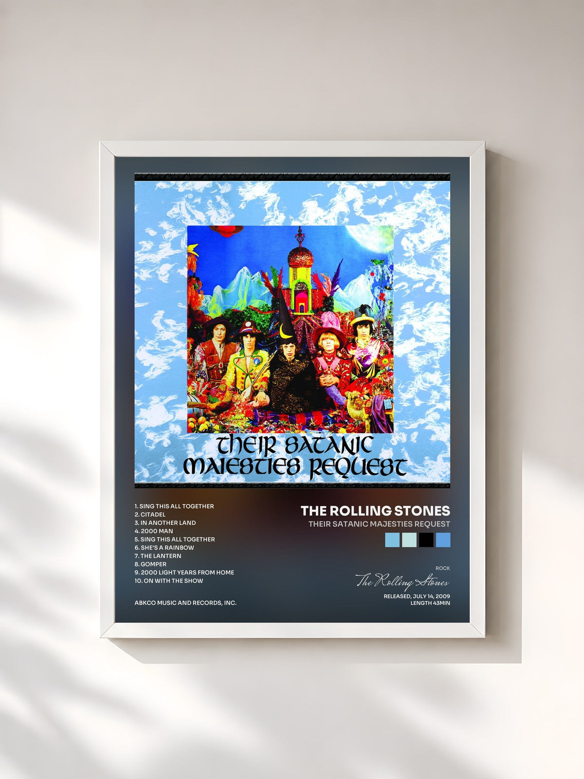 #blanc Tableau de l'album Their Satanic Majesties Request de The Rolling Stones, cadre blanc, imprimé et encadré en France