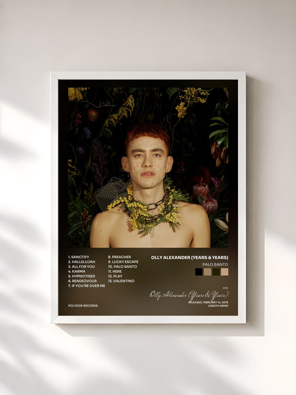 #blanc Tableau de l'album Palo Santo de Olly Alexander (Years & Years), cadre blanc, imprimé et encadré en France