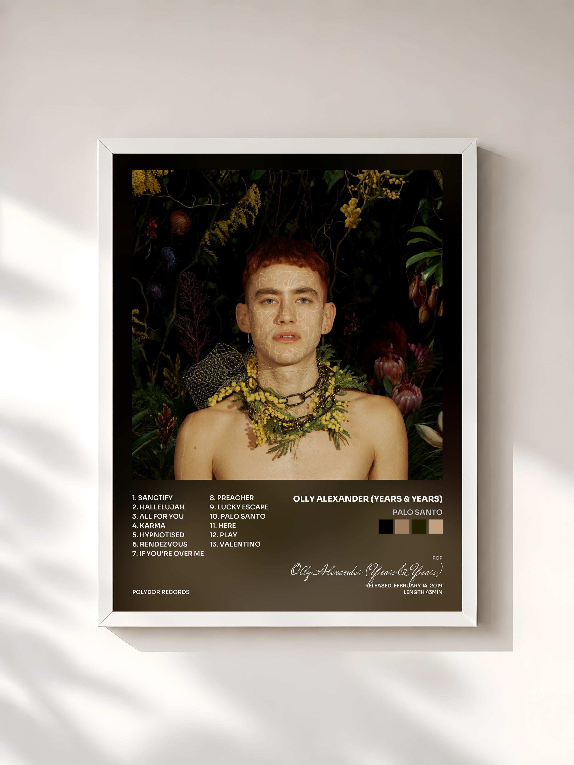 #blanc Tableau de l'album Palo Santo de Olly Alexander (Years & Years), cadre blanc, imprimé et encadré en France