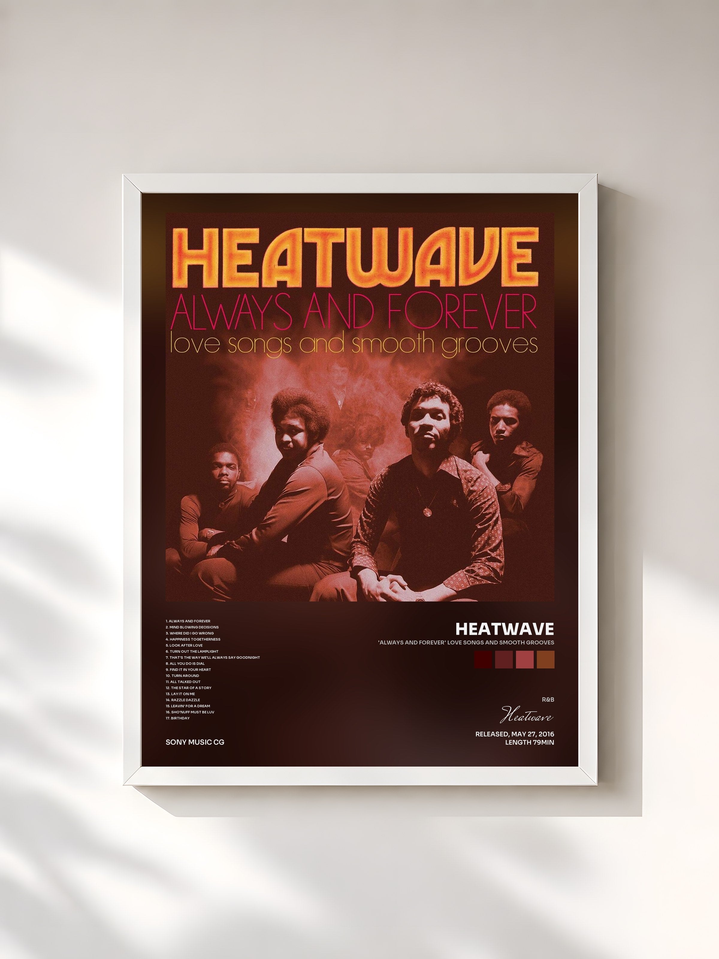 #blanc Tableau de l'album 'Always And Forever' Love Songs and Smooth Grooves de Heatwave, cadre blanc, imprimé et encadré en France