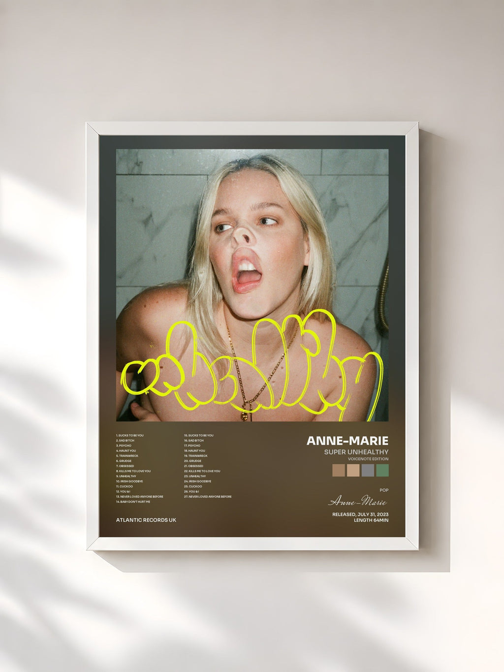 #blanc Tableau de l'album SUPER UNHEALTHY (VOICENOTE EDITION) de Anne-Marie, cadre blanc, imprimé et encadré en France