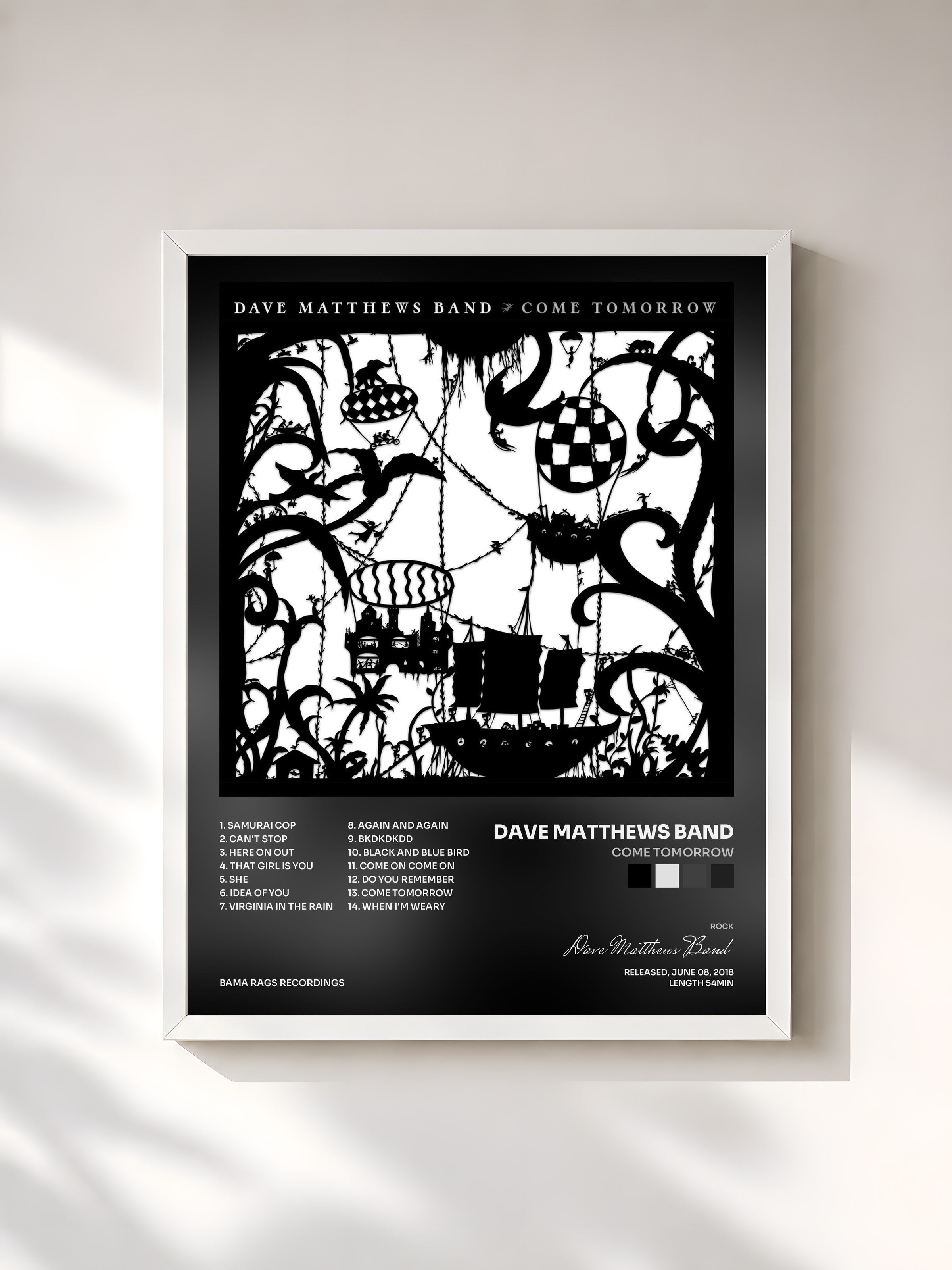 #blanc Tableau de l'album Come Tomorrow de Dave Matthews Band, cadre blanc, imprimé et encadré en France