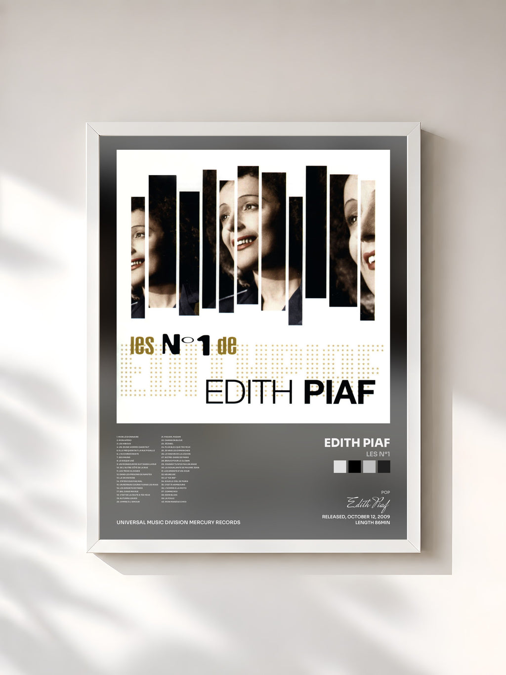#blanc Tableau de l'album Les N°1 de Edith Piaf, cadre blanc, imprimé et encadré en France