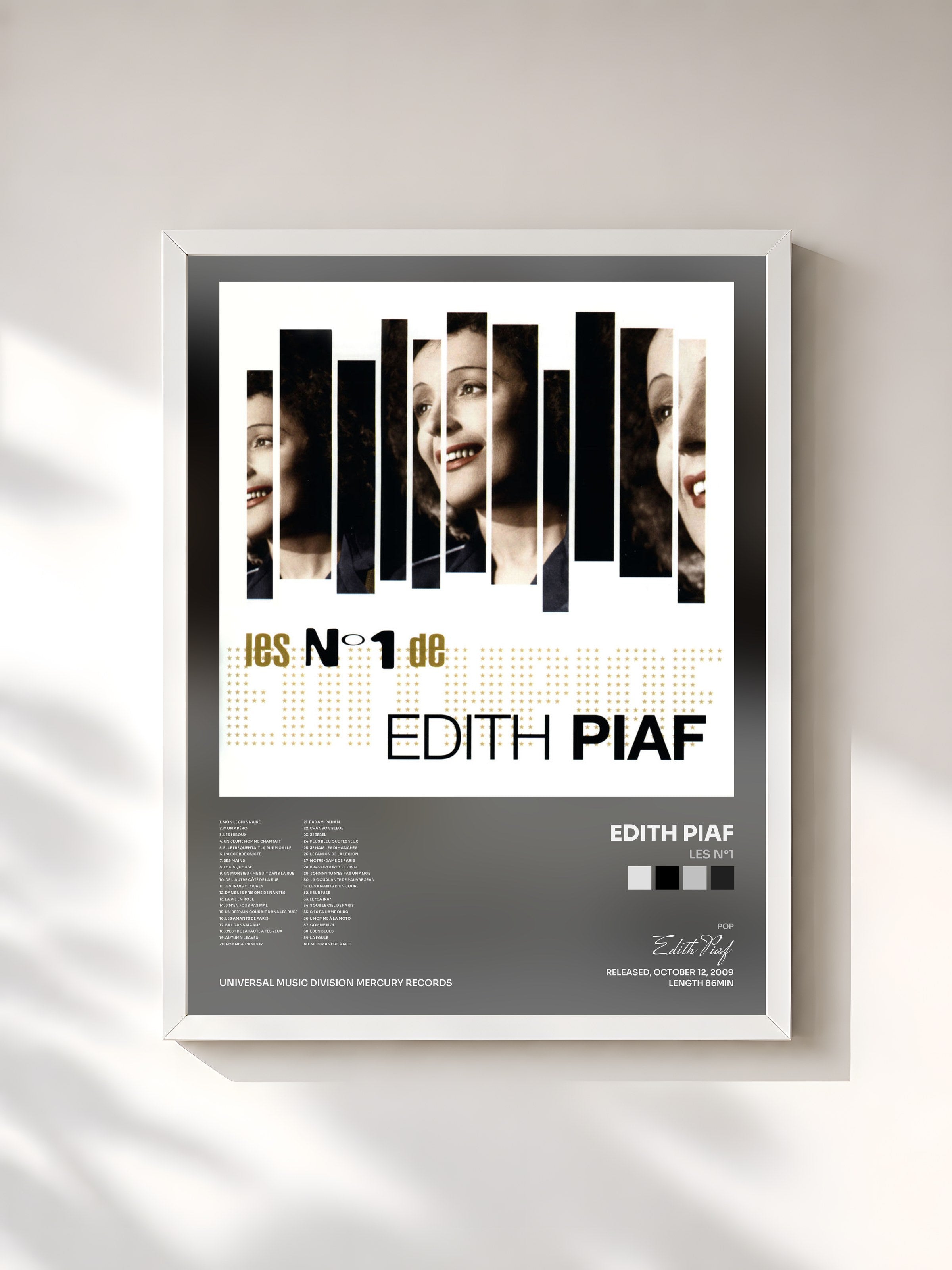 #blanc Tableau de l'album Les N°1 de Edith Piaf, cadre blanc, imprimé et encadré en France