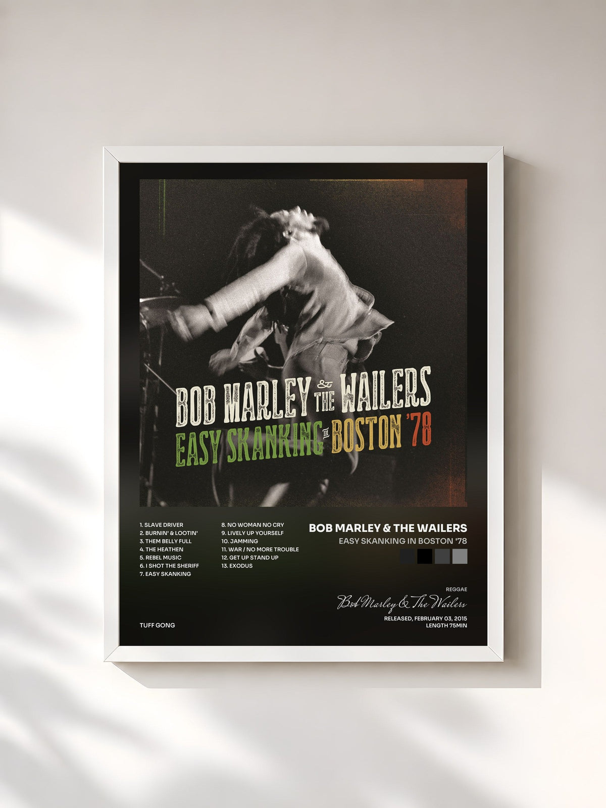 #blanc Tableau de l'album Easy Skanking In Boston '78 de Bob Marley & The Wailers, cadre blanc, imprimé et encadré en France