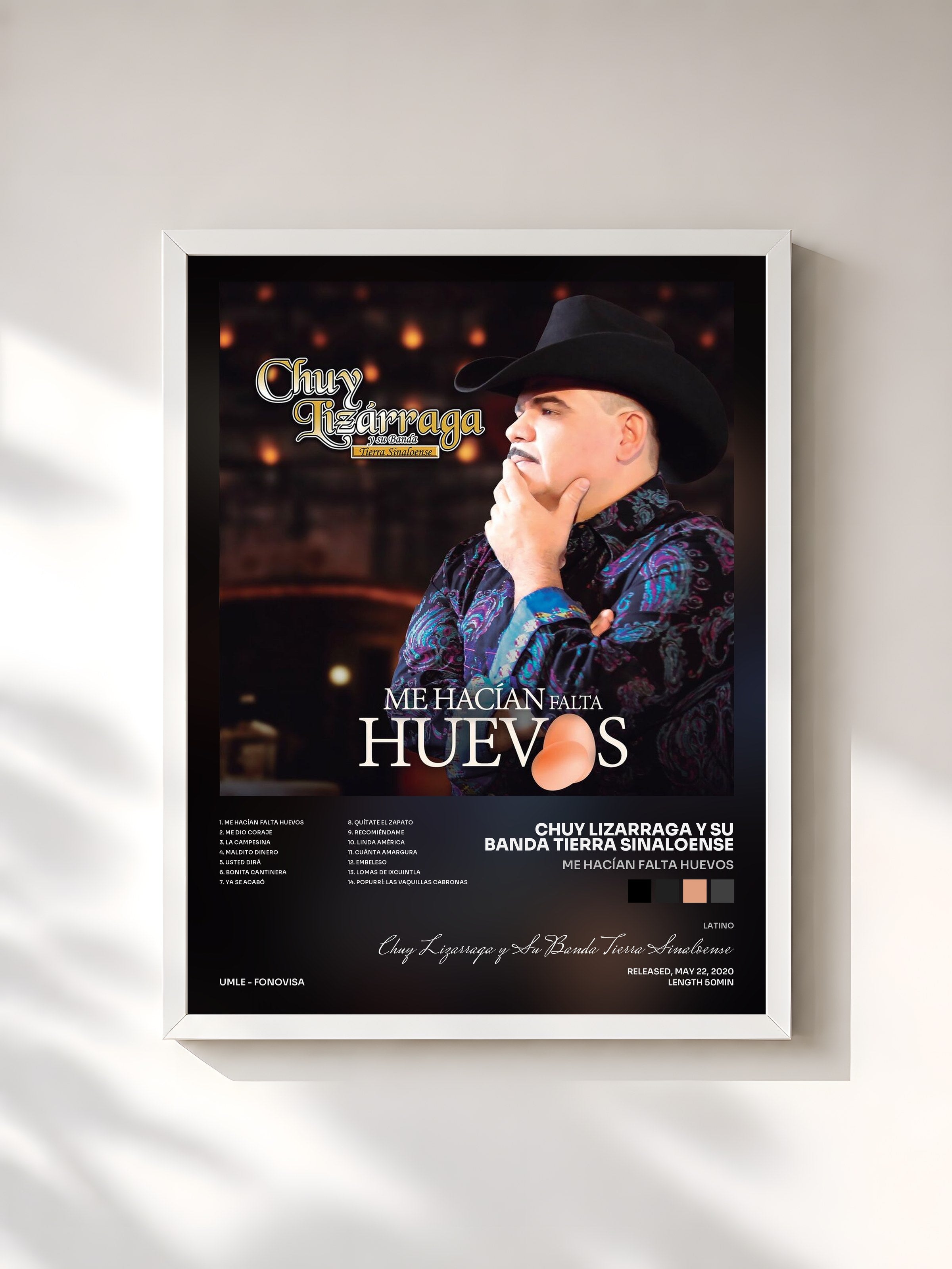 #blanc Tableau de l'album Me Hacían Falta Huevos de Chuy Lizarraga y Su Banda Tierra Sinaloense, cadre blanc, imprimé et encadré en France