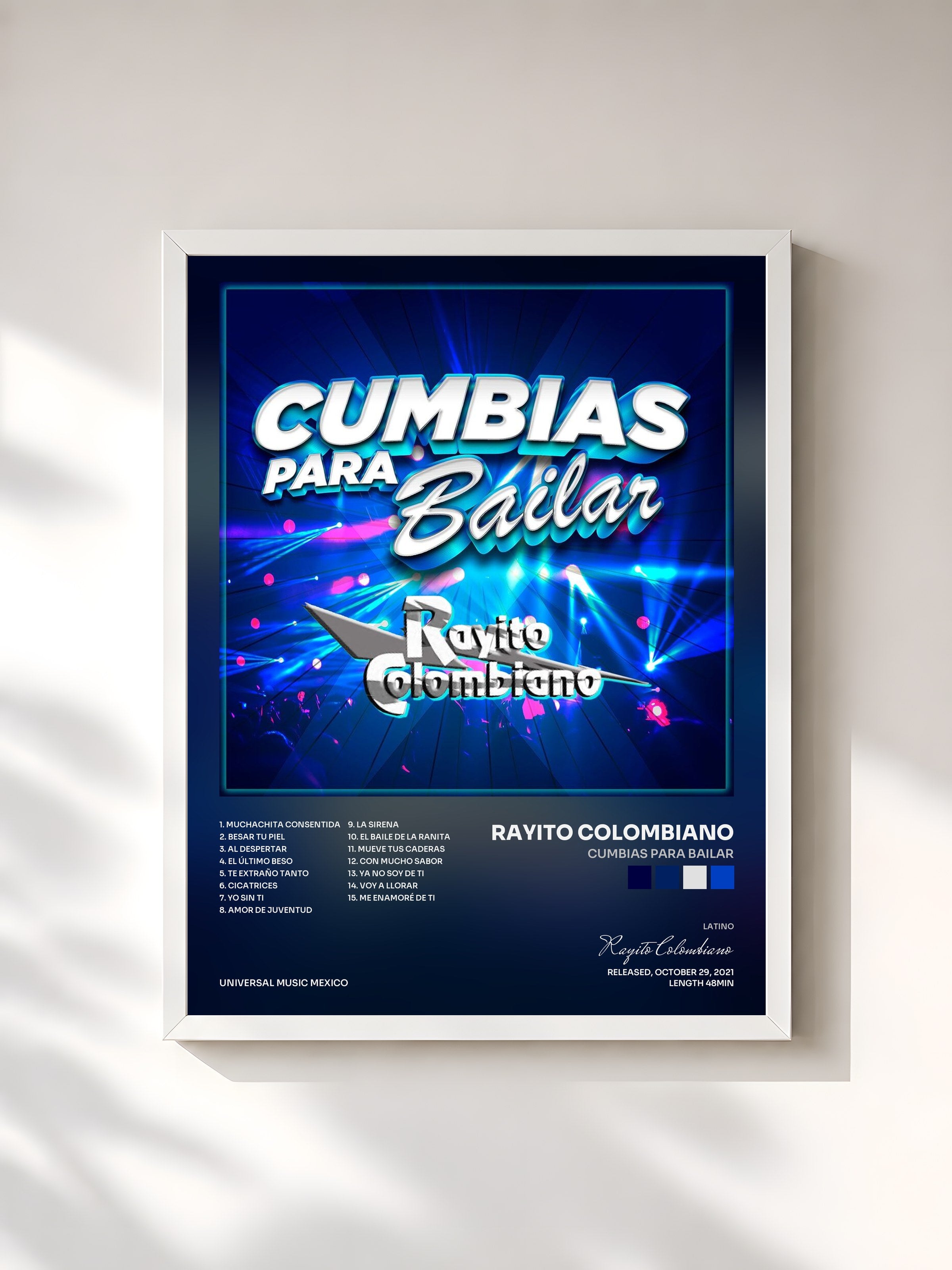 #blanc Tableau de l'album Cumbias Para Bailar de Rayito Colombiano, cadre blanc, imprimé et encadré en France