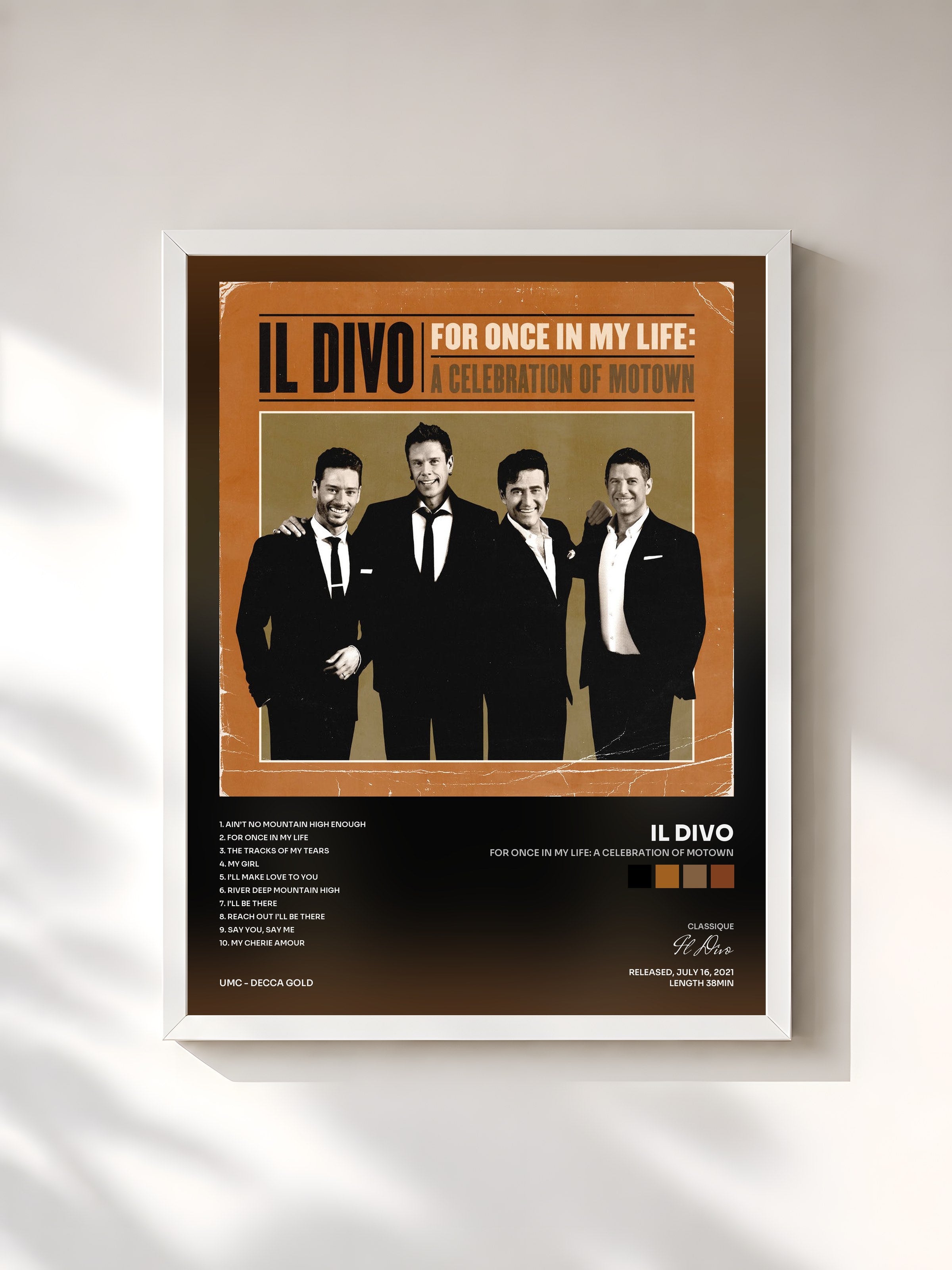 #blanc Tableau de l'album For Once In My Life: A Celebration Of Motown de Il Divo, cadre blanc, imprimé et encadré en France