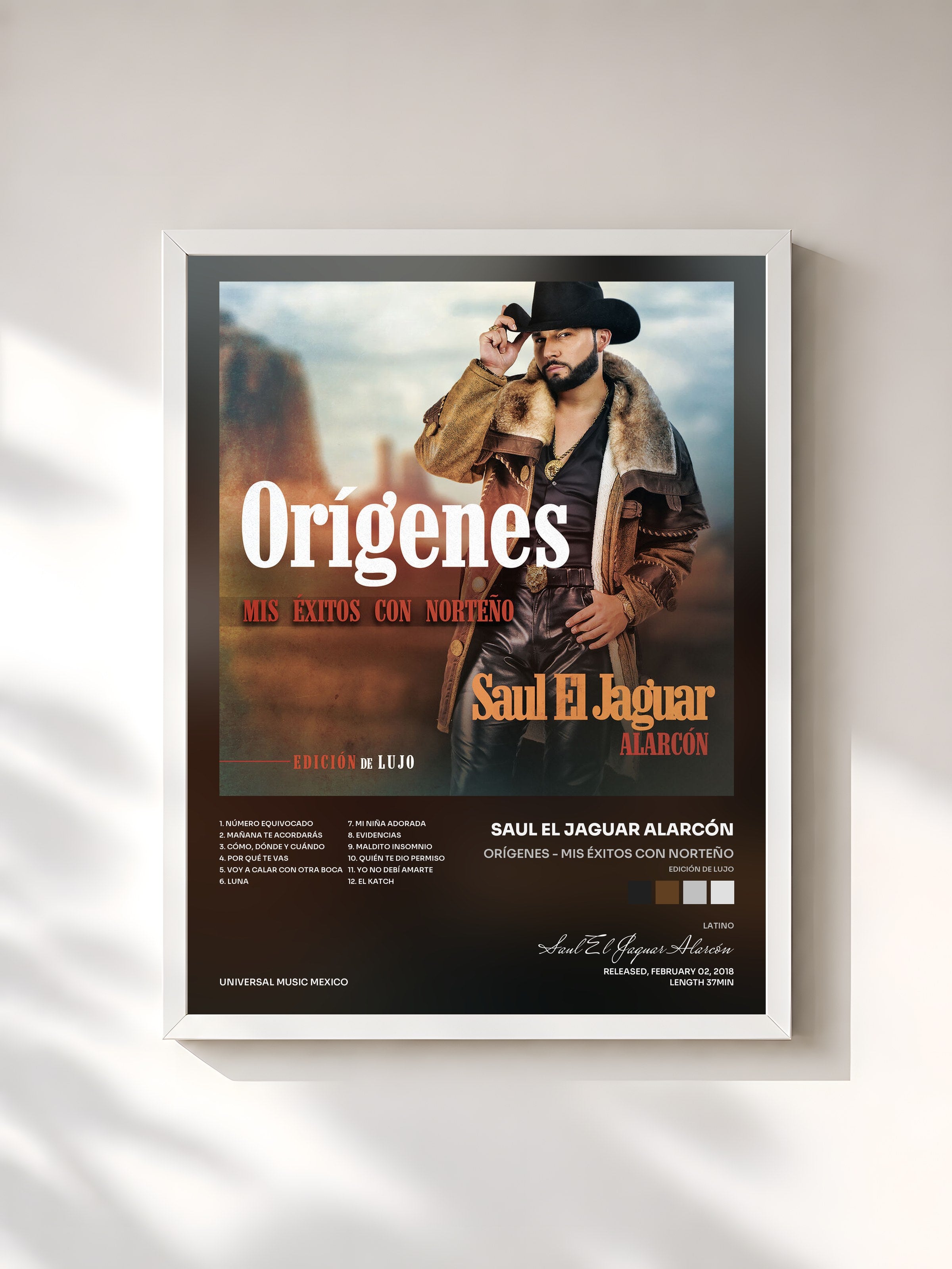 #blanc Tableau de l'album Orígenes - Mis Éxitos Con Norteño (Edición De Lujo) de Saul El Jaguar Alarcón, cadre blanc, imprimé et encadré en France